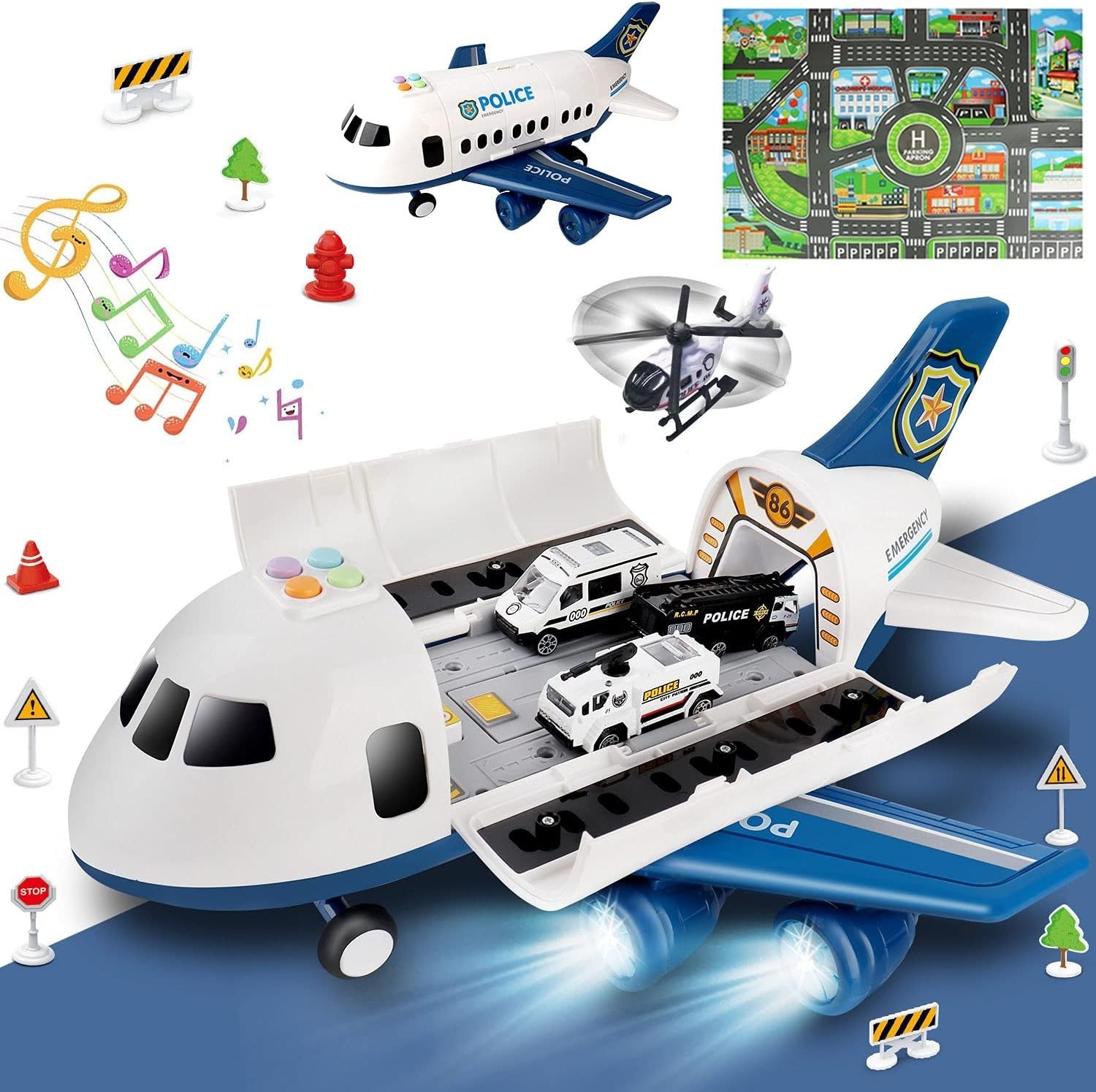 20-Piece Police Toy Airplane – Friction Powered, Metal Cars, Play Mat