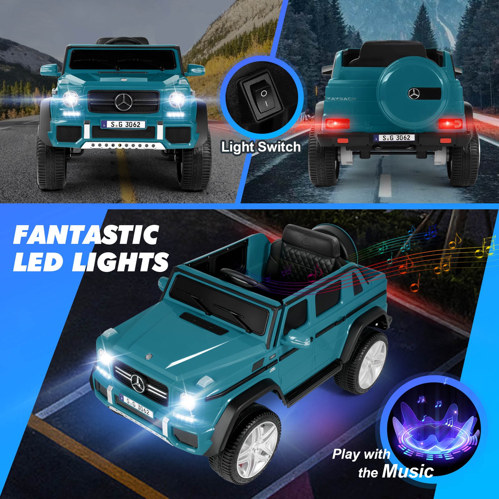 Mercedes-Benz 12V Electric Kids Blue Ride On Car with LED Lights, Music, RC