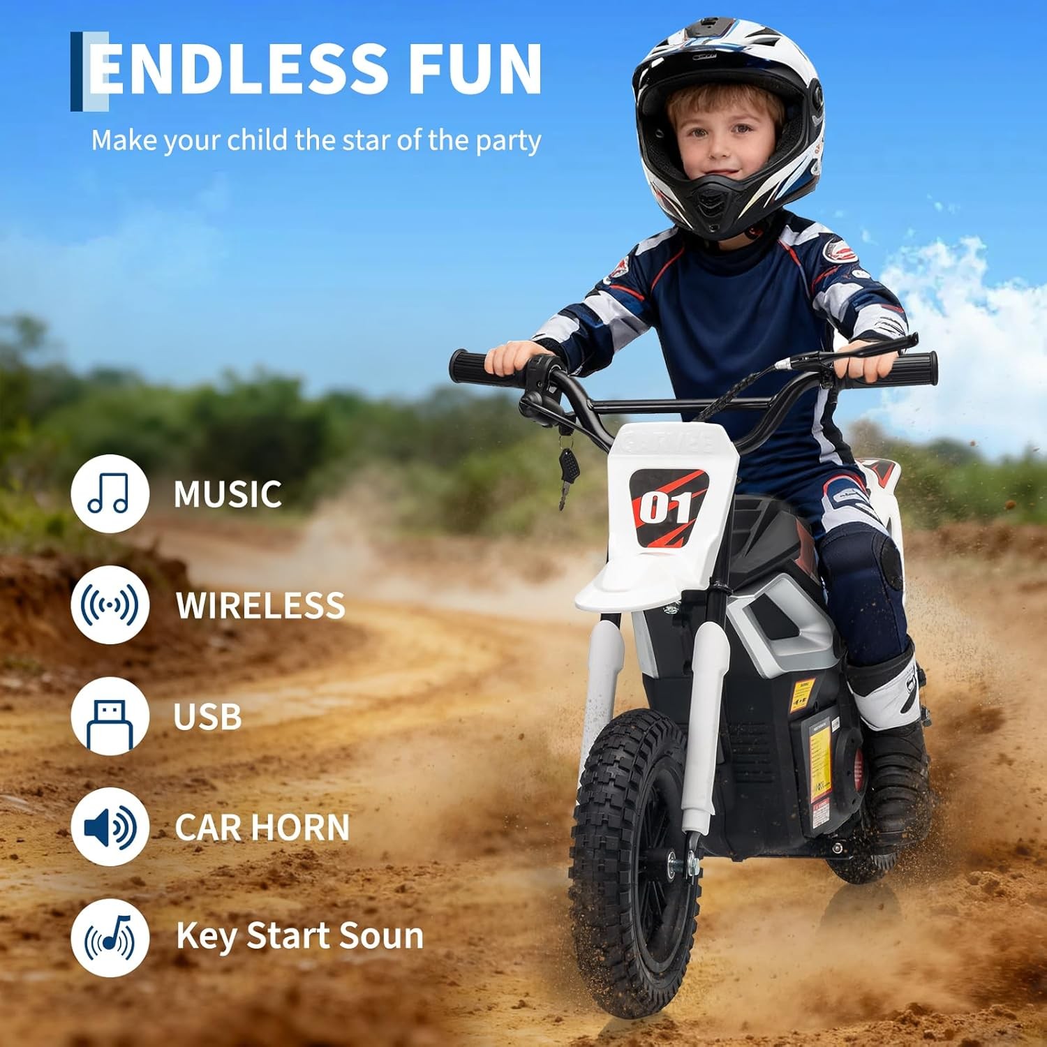 24v Ride on Motorcycle for Kids 350w Mini Dirt Bike 14 MPH White