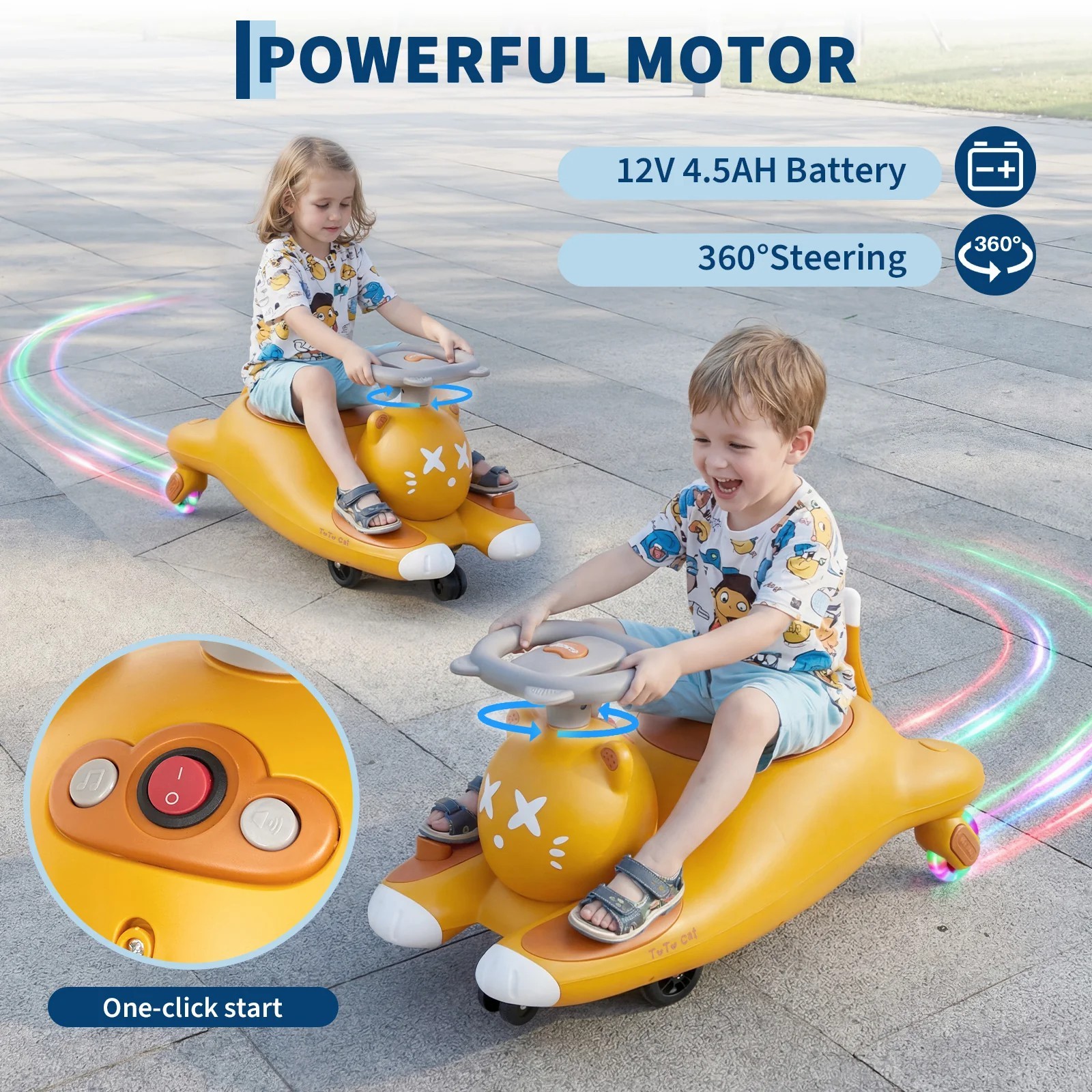 Cartoon Cat 12V Kids Wiggle Ride On Car Battery Pedal Operated Indoor Outdoor US