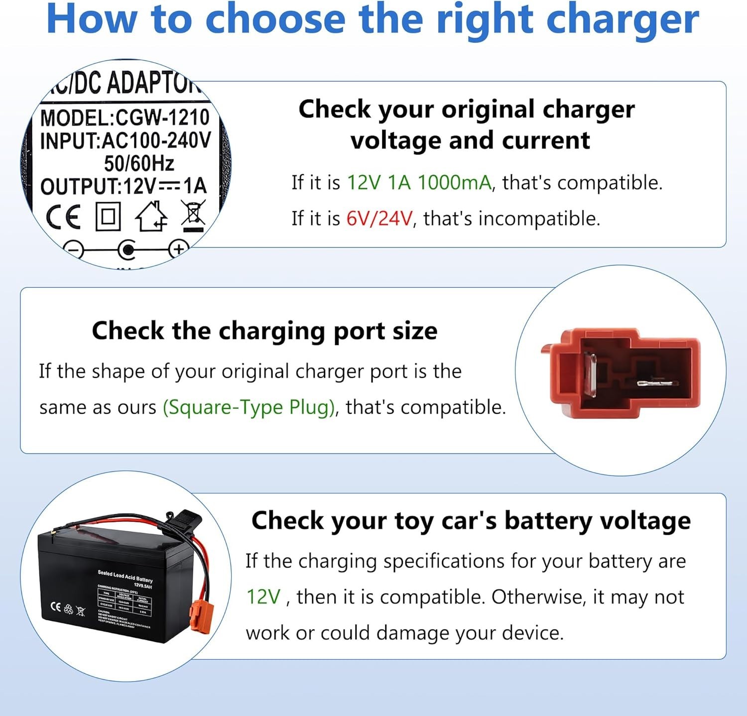 12V Ride-On Toy Battery Charger for BMX X6, GMC, ATV, Power Wheels & More