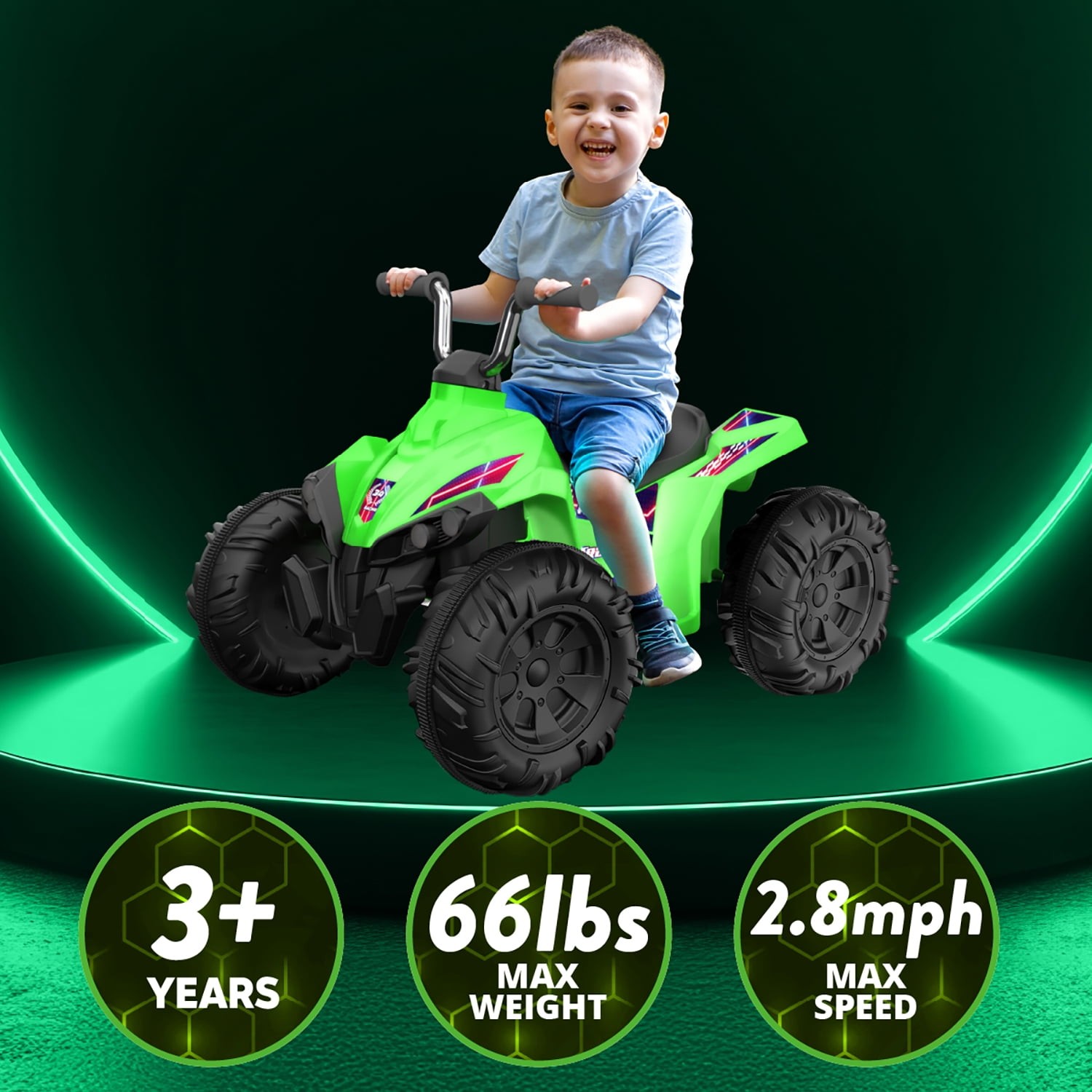 Kid Trax 12V Glow ATV Ride-On Toy, Green, with LED Lights, Rechargeable Battery,