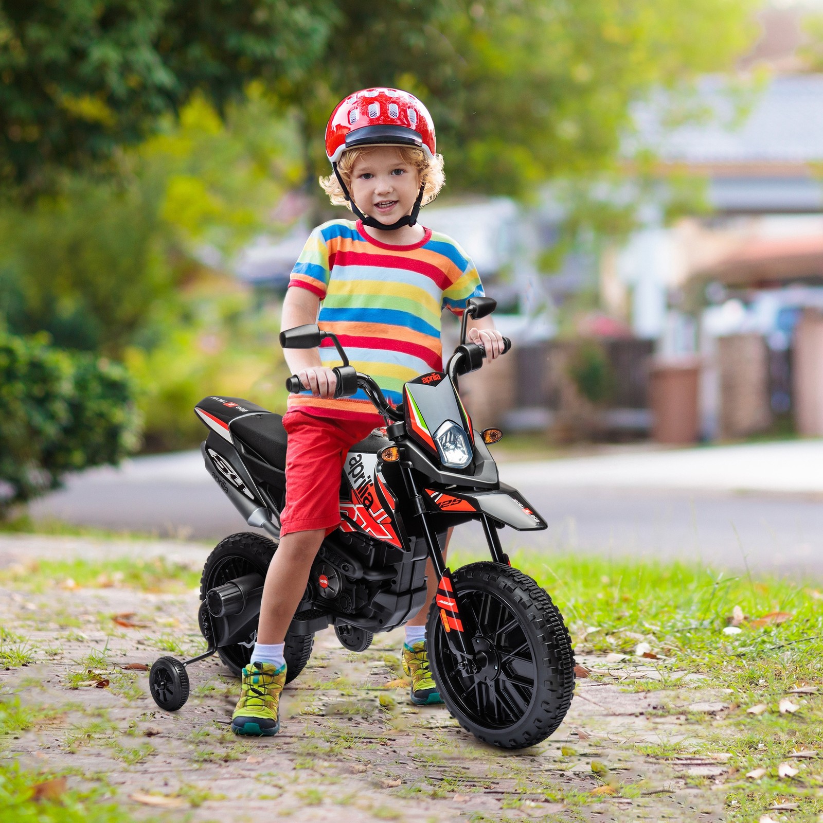 12V Aprilia Licenced Kids Motorcycle with Training Wheels, Red