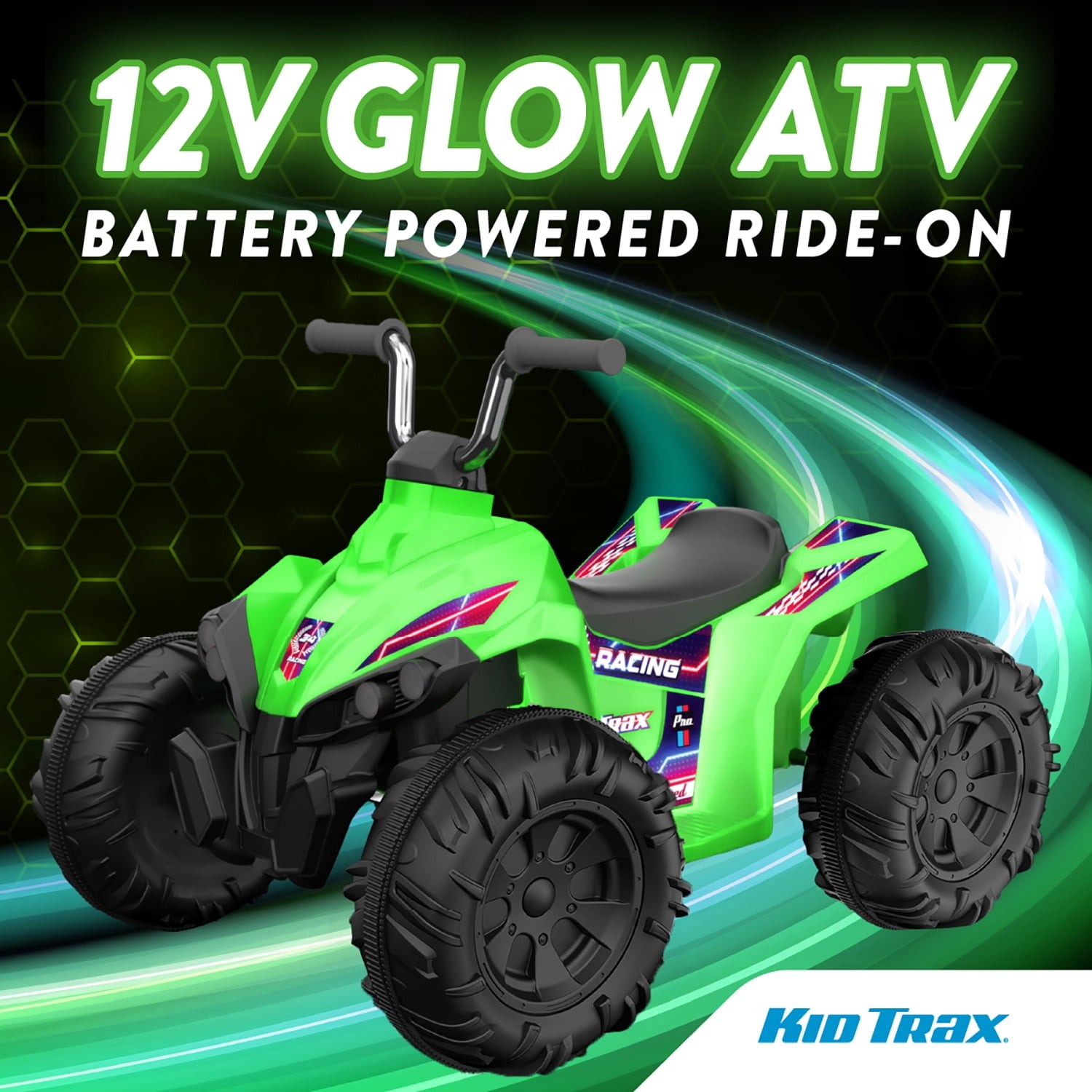 Kid Trax 12V Glow ATV Ride-On Toy, Green, with LED Lights, Rechargeable Battery,