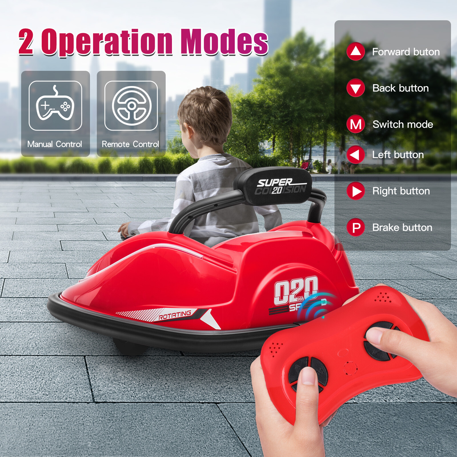 12V Kids Bumper Car Twins Motor, w/ Parent Remote Control Light 360° Rotation