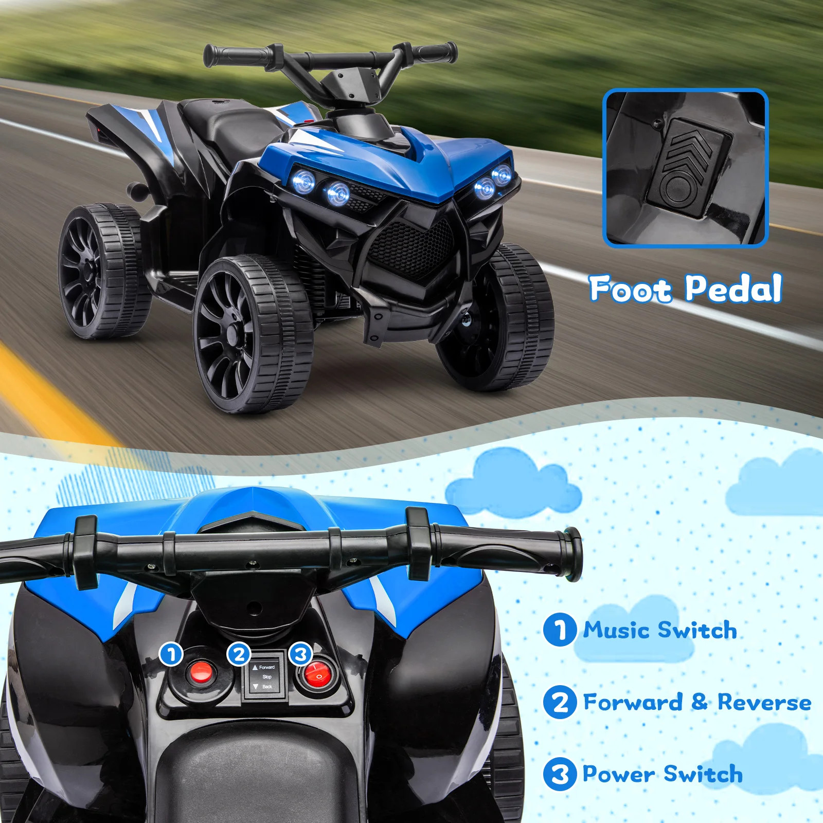 6V Ride On Toys 4-Wheeler Quad ATV Electric Car for Kids 1.8MPH Max Speed, Tread