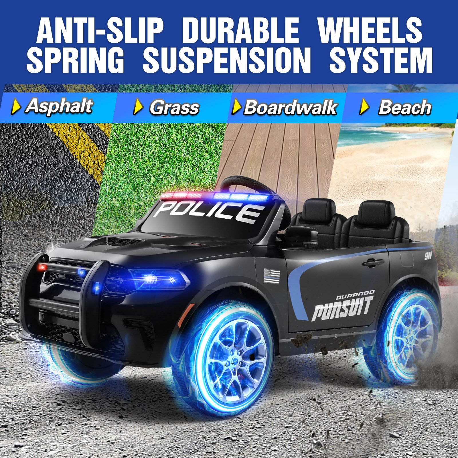12V Battery Kids Ride On Police Car Dodge Durango SUV Music,LED,Bluetooth,Remote