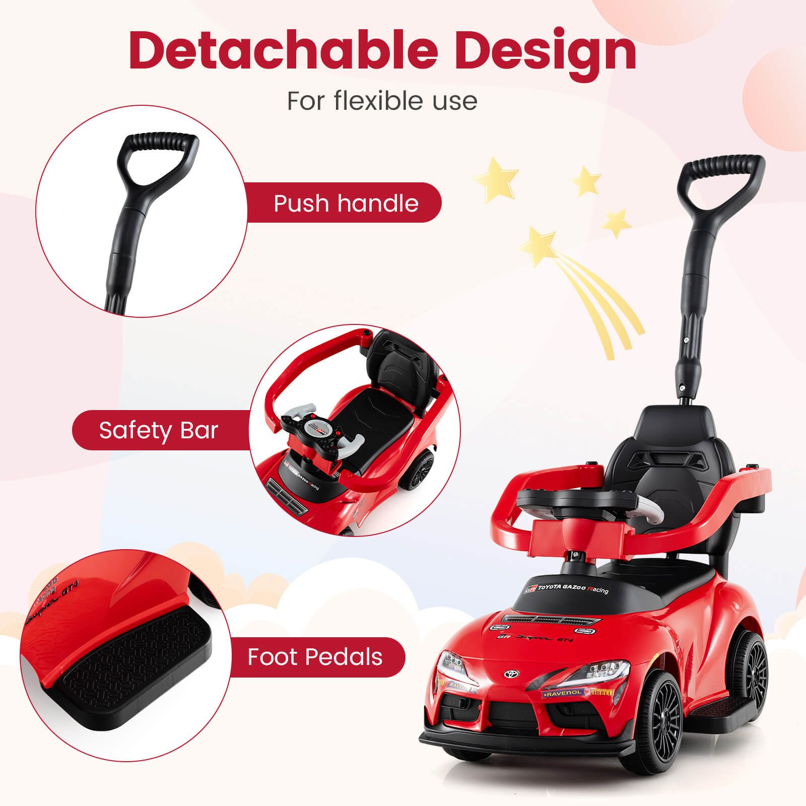 Toyota Licensed Ride on Push Car w/Parent-Control Handle Music Safety Guardrail