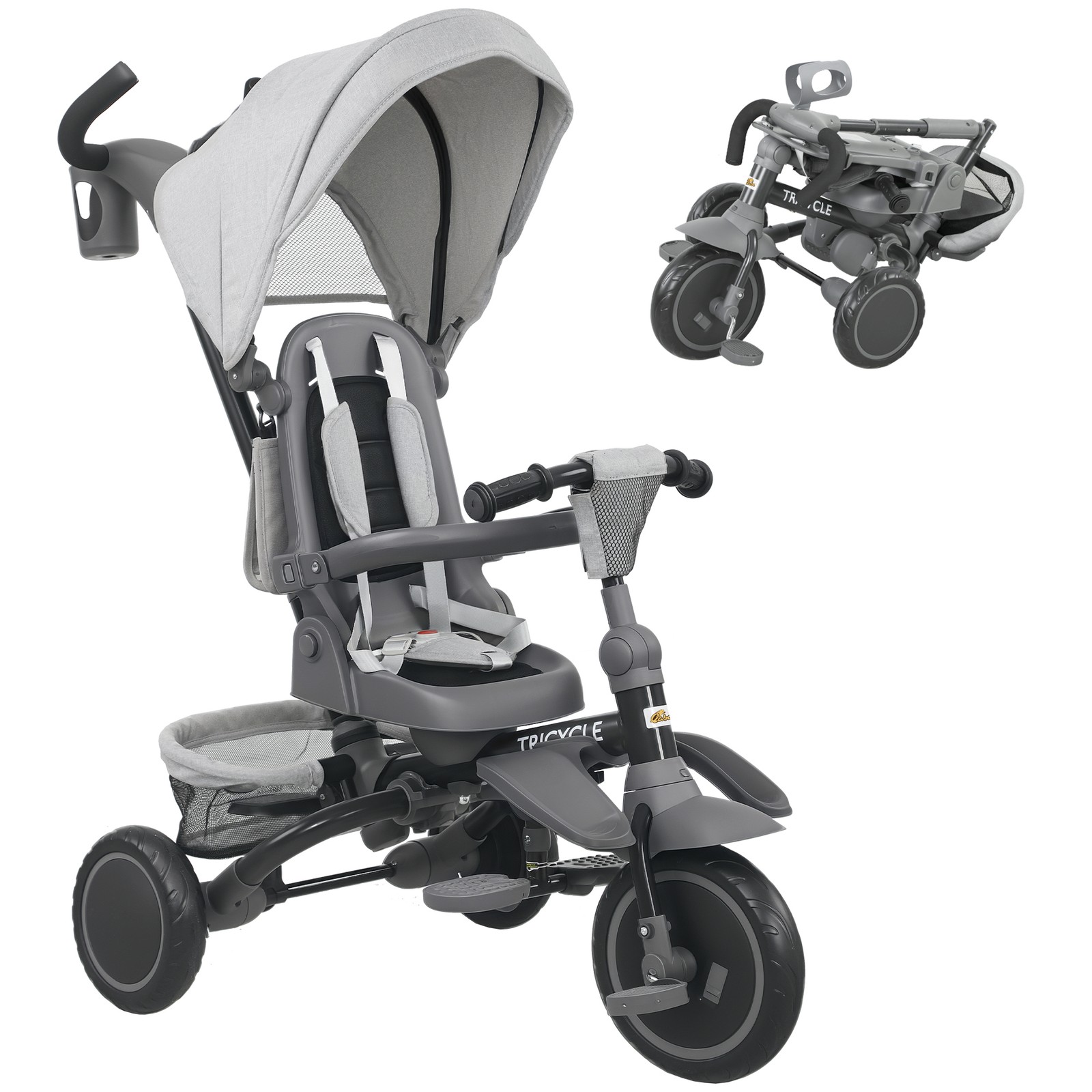 6 in 1 Kids Tricycle with Adjustable Push Handle for 1-5 Years, Gray