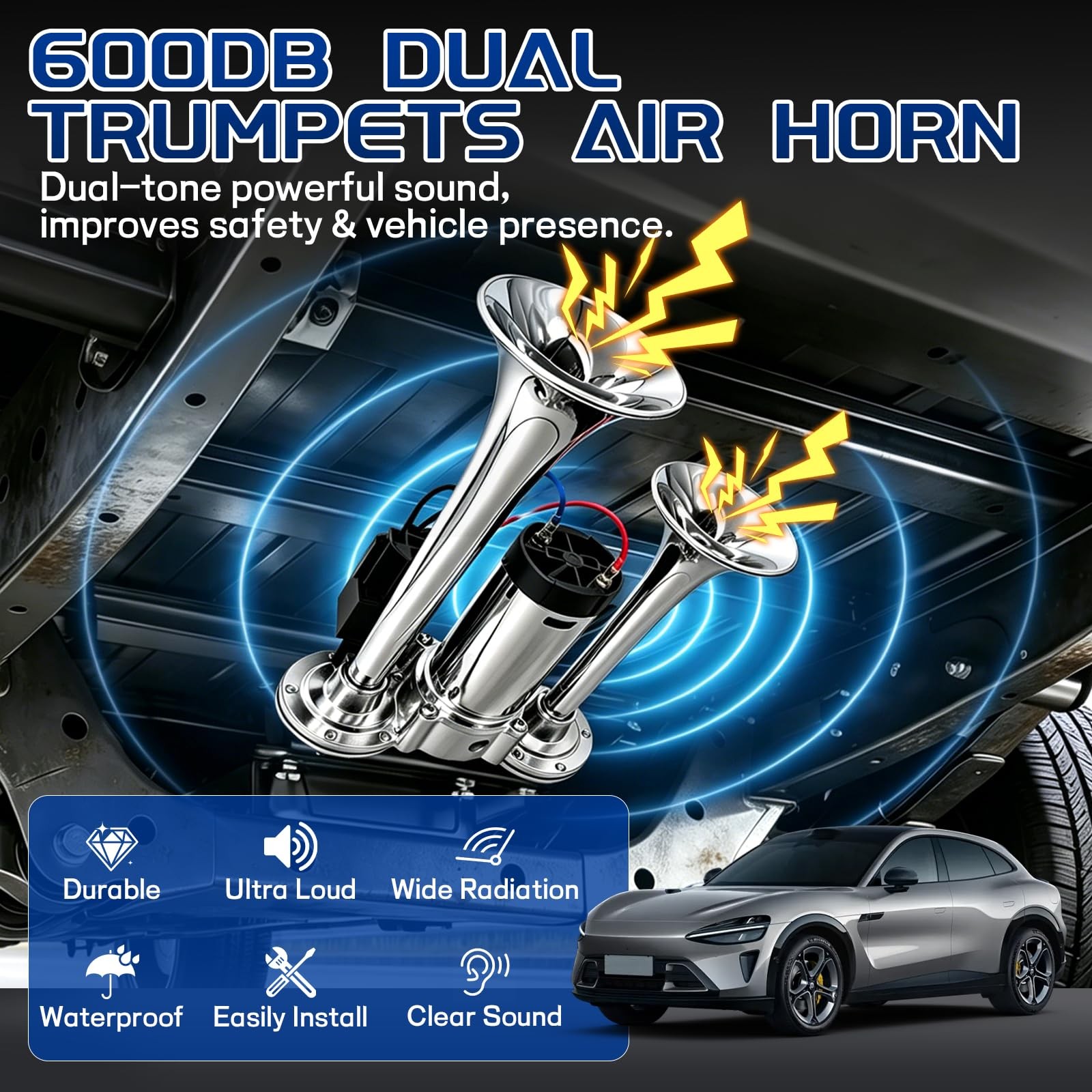 12V 600DB Super Loud Electric Air Horn, Silver Dual Trumpet Train Truck Horn …