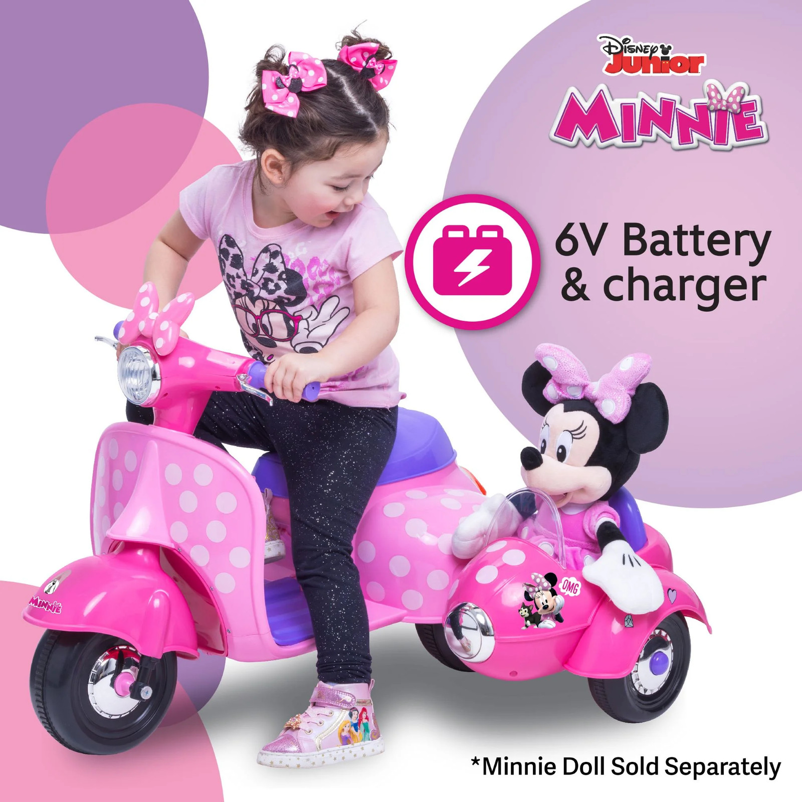 Kids Ride On Toy Disney Minnie Mouse Scooter Sidecar Pink 6V Battery Powered