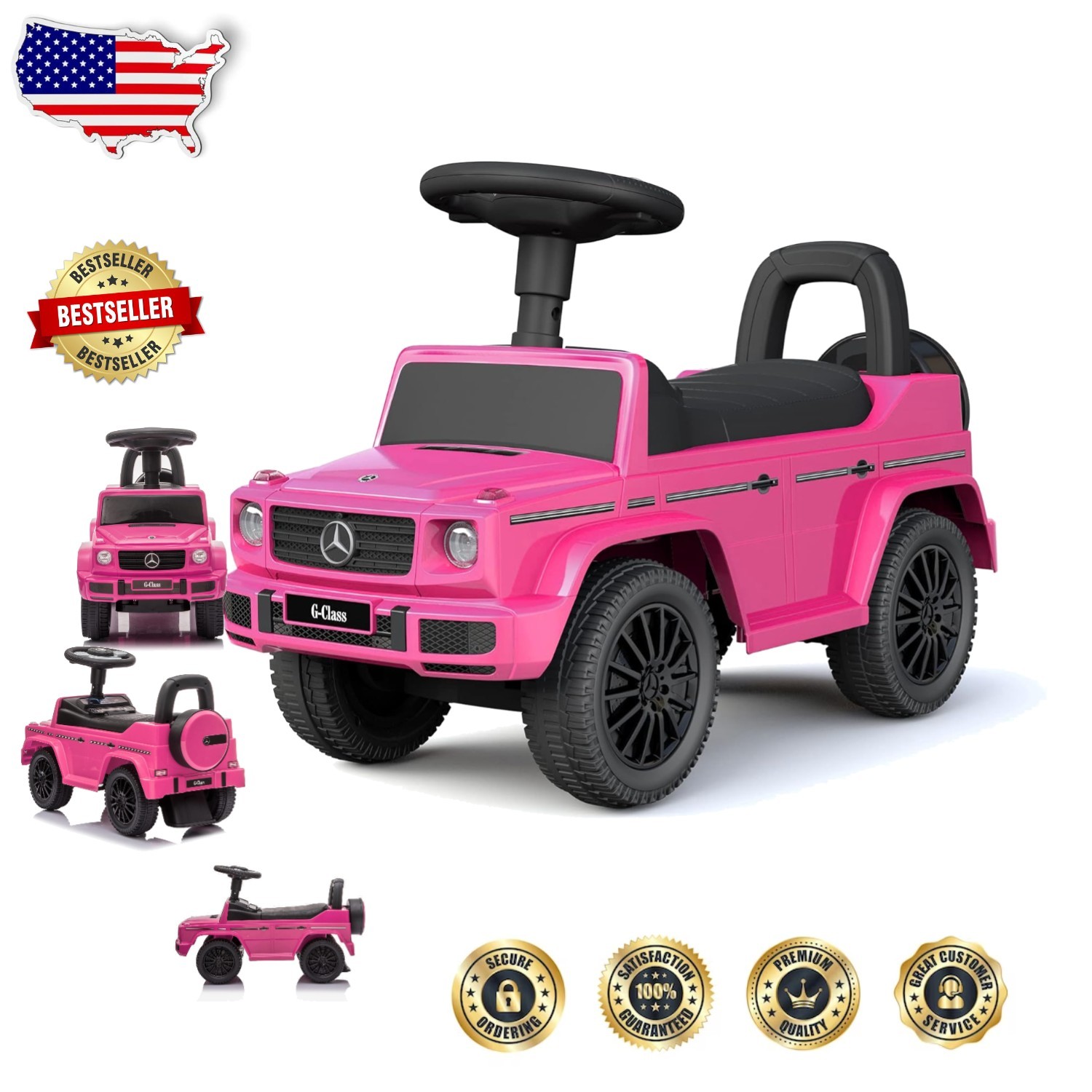 Pink Mercedes G-Wagon Push Car for Kids, Working Lights & Horn