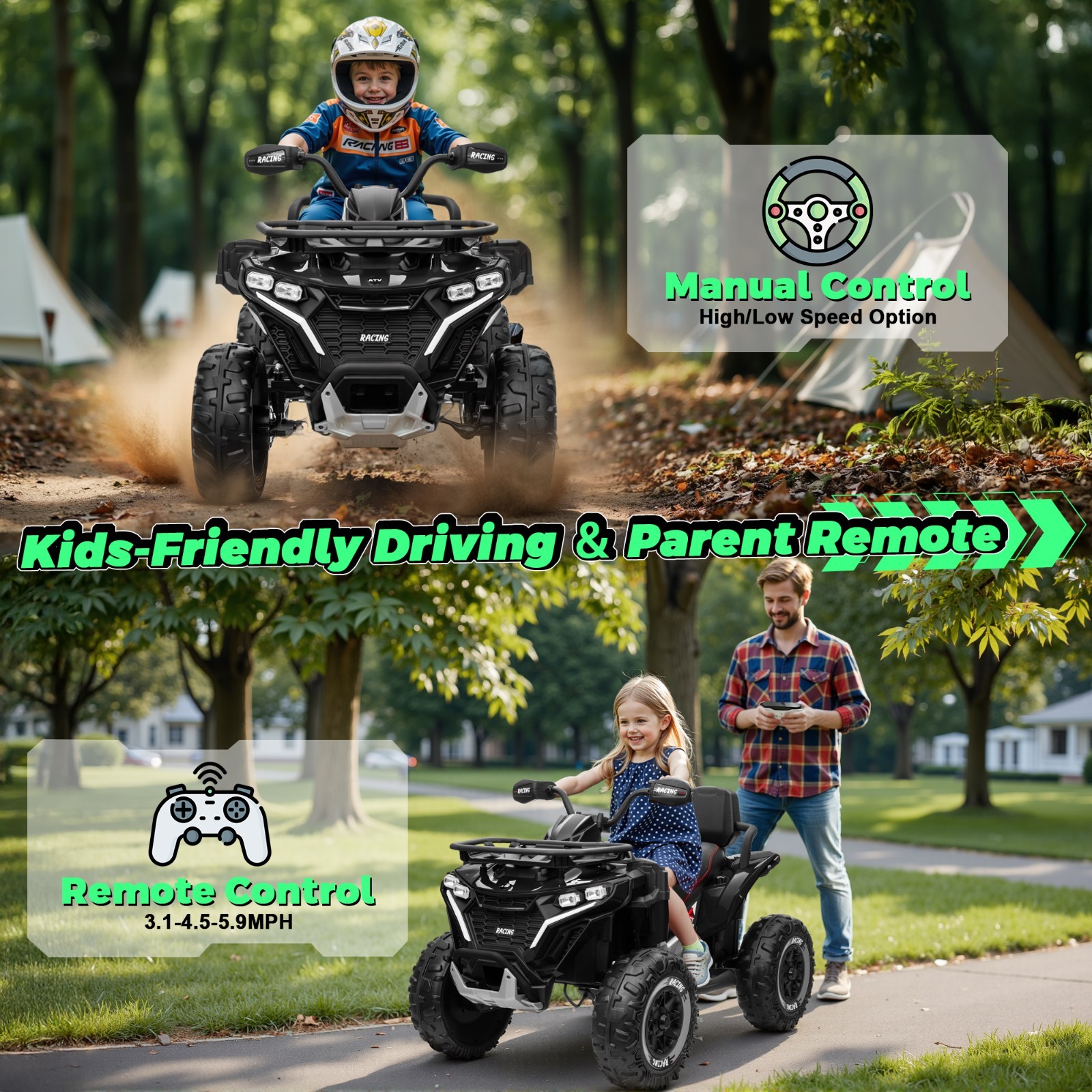 24V 4WD Kids ATV 2-Seat Ride On Car w/Remote Bluetooth USB Headlights EVA Tires