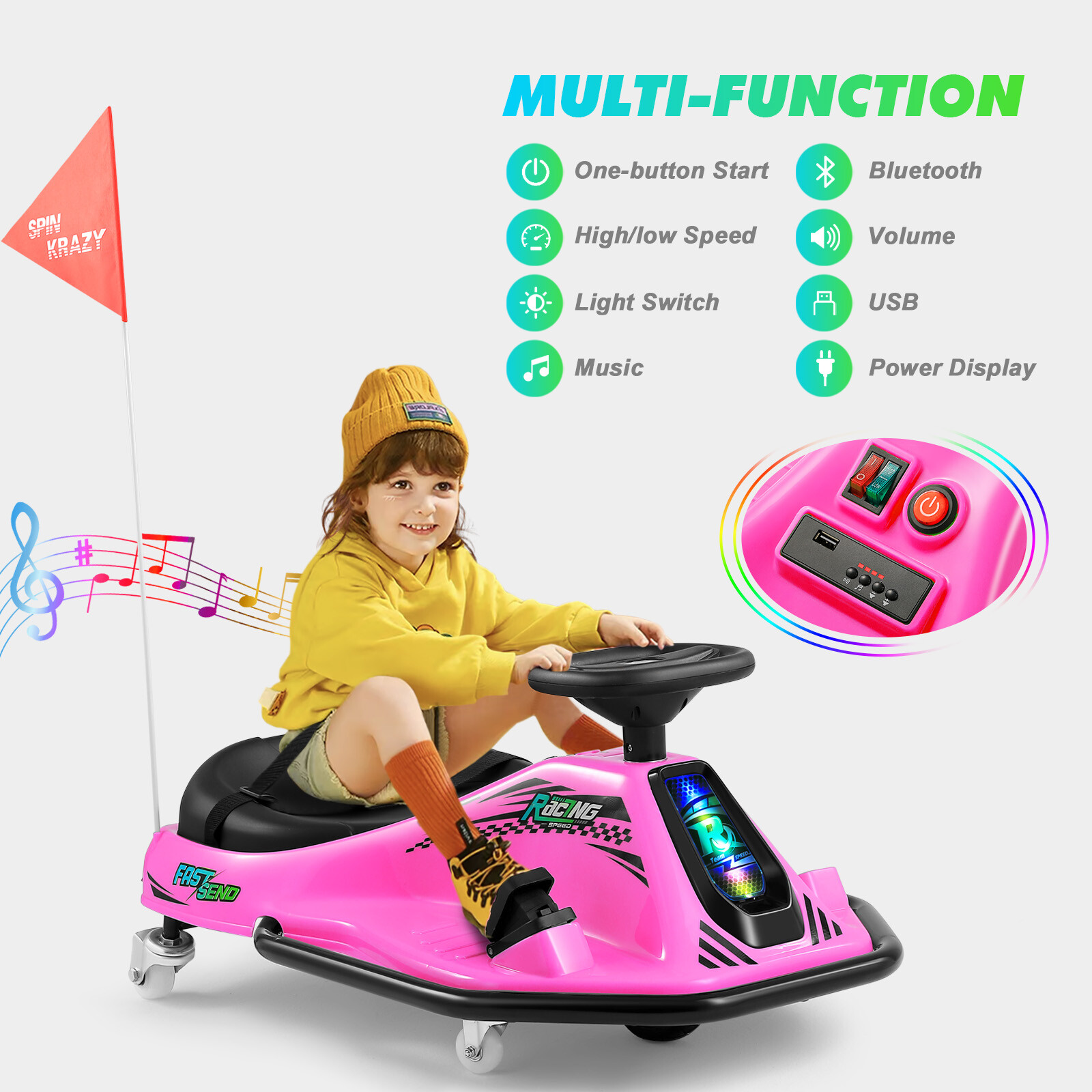 24V Electric 360° Rotating Ride On Drifting Car with 2Speed,Flag,Bluetooth,Music