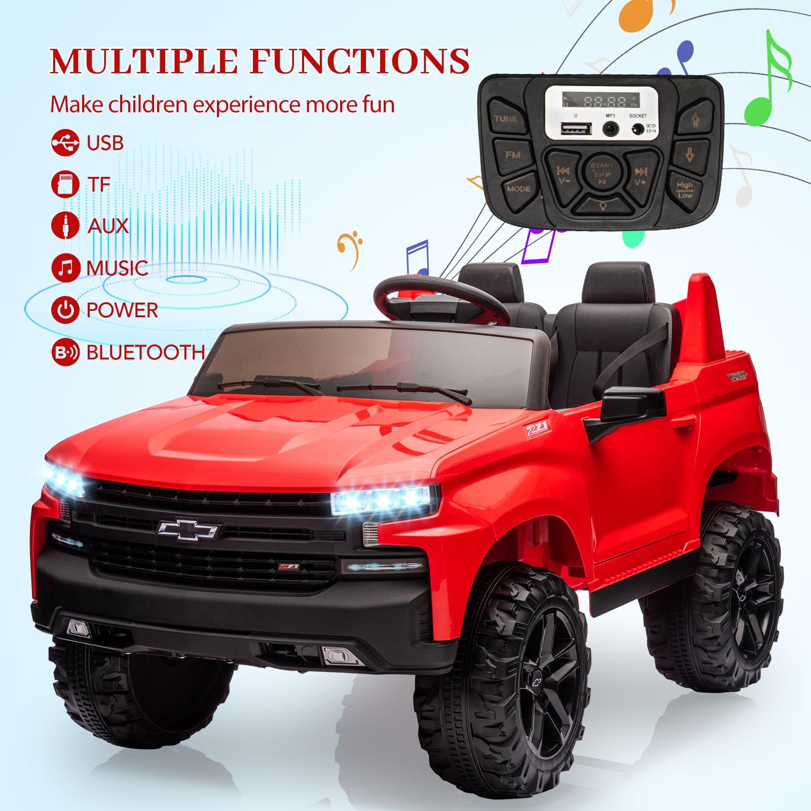 Ride On Toys 24V 2-Seater Truck Licensed Chevrolet Silverado 3 Speeds Music LED