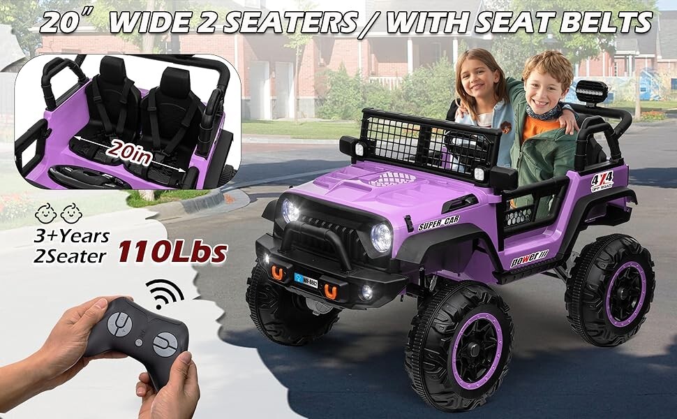 ZEOPHOL Ride on Car 24V 4WD/2WD Switchable 2 Seater Kids Electric Truck Purple