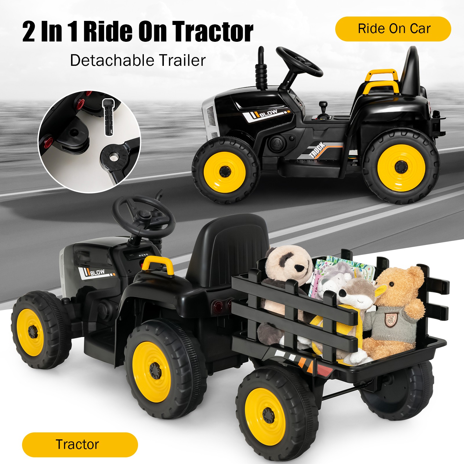 12V Kids Ride On Tractor with Trailer Ground Loader w/ RC & Lights Dark Black