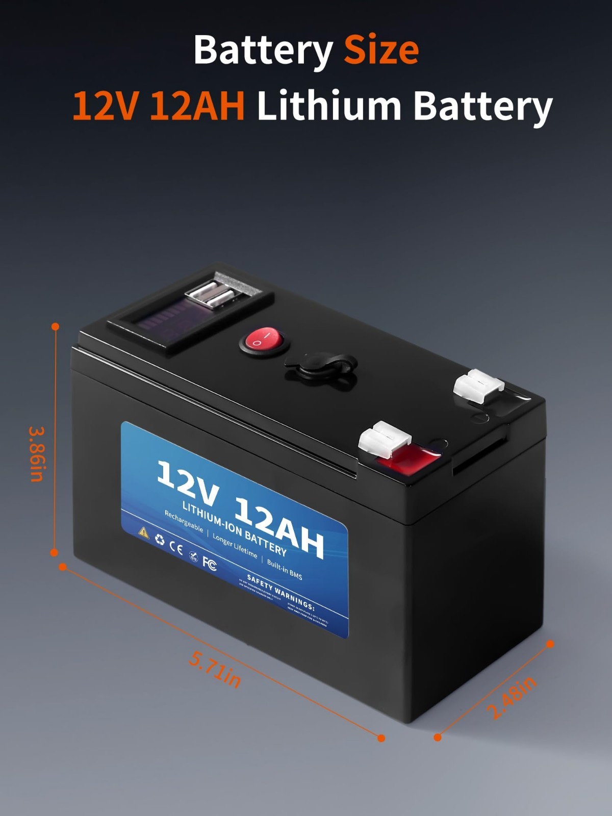 12V 12Ah Lithium Battery for Power Wheels, 2 USB Ports, 2A Charger, BMS Tech
