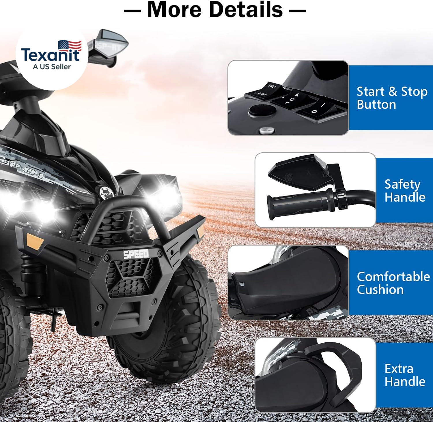 Kids Ride on ATV, 12V 4 Wheeler Quad Toy Vehicle with Music, Horn, High Low Spee