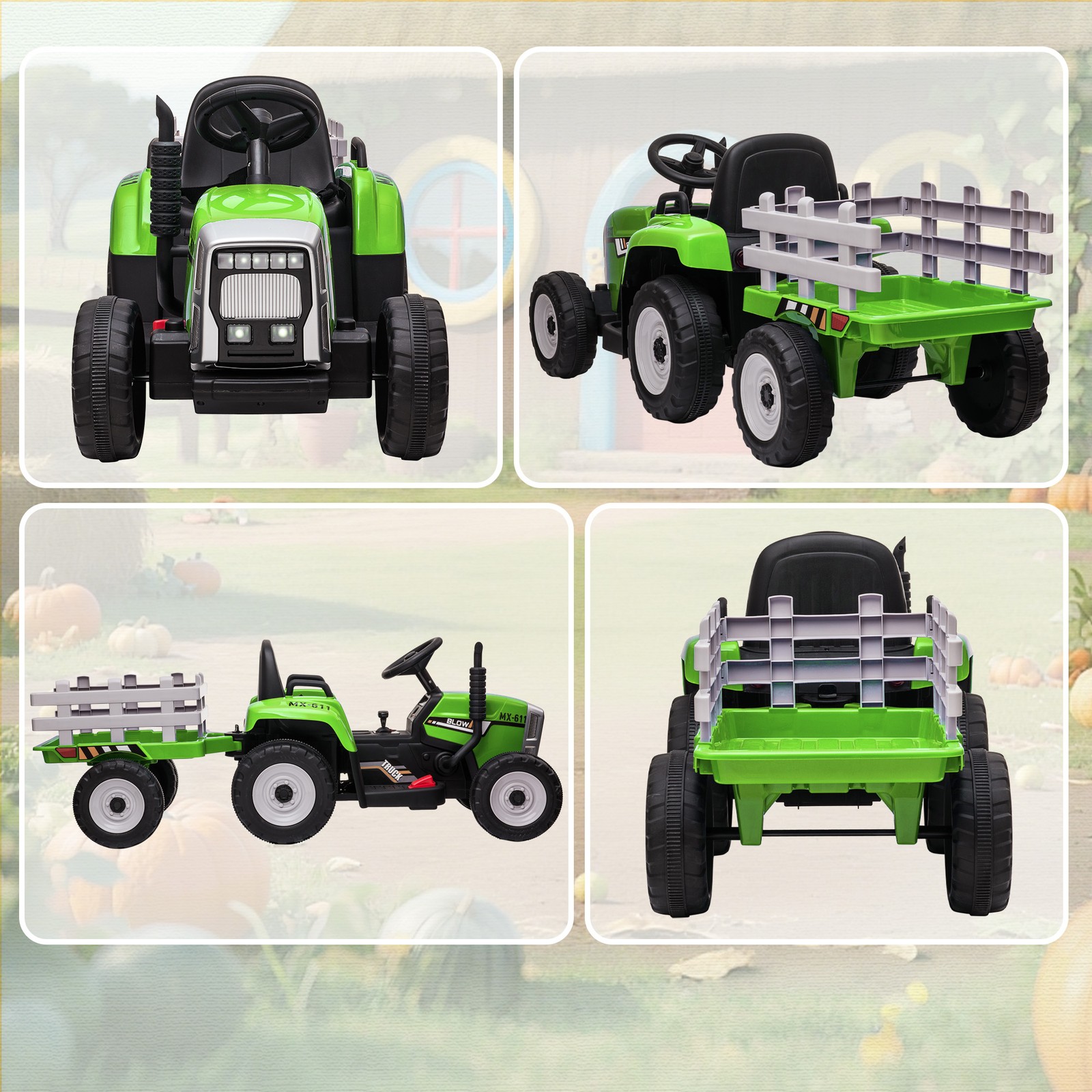 12V Electric Ride on Tractor with Trailer, 25W Dual Motors, Green