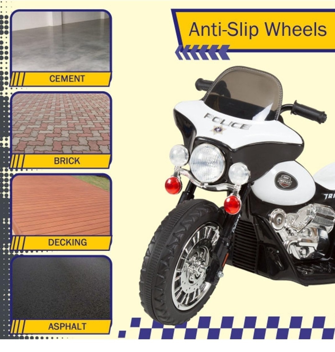 Kids Electric Police Motorcycle 3-Wheel Ride, Reverse, Headlights, Decals, Black