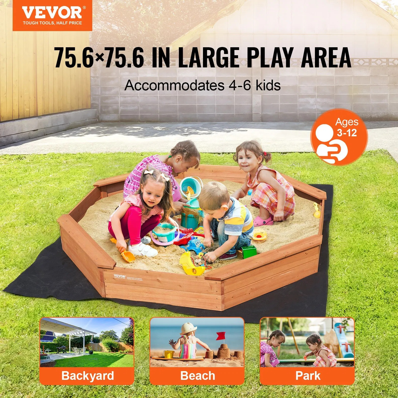Wooden Sandbox with Cover, 75.6 x 75.6 x 9.1 in Octagonal Sand Box, Sand Pit wi