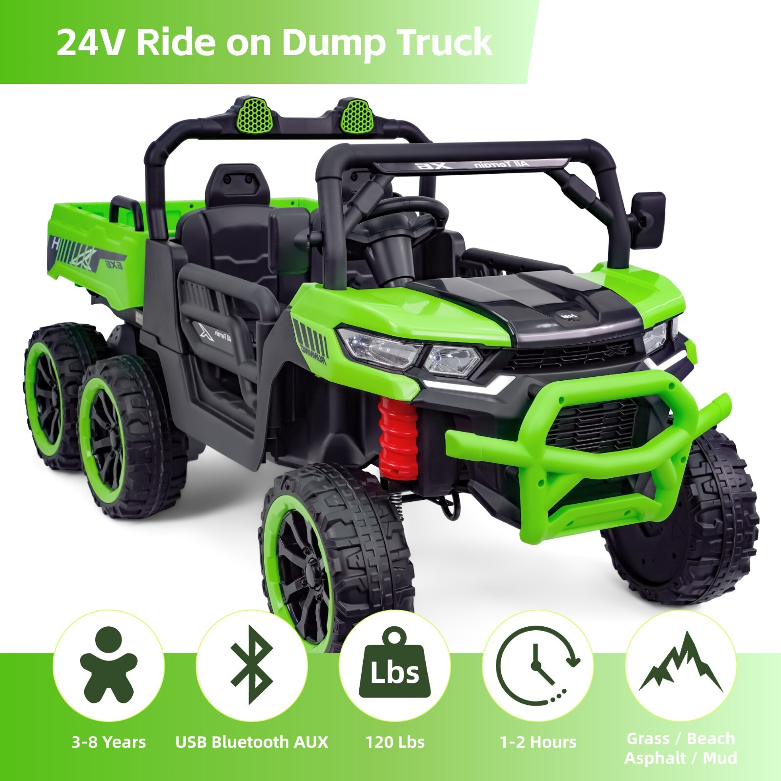 24V Kids Ride on Truck 2-Seat Electric Kids Car 6 Wheels Battery Power w/ Remote
