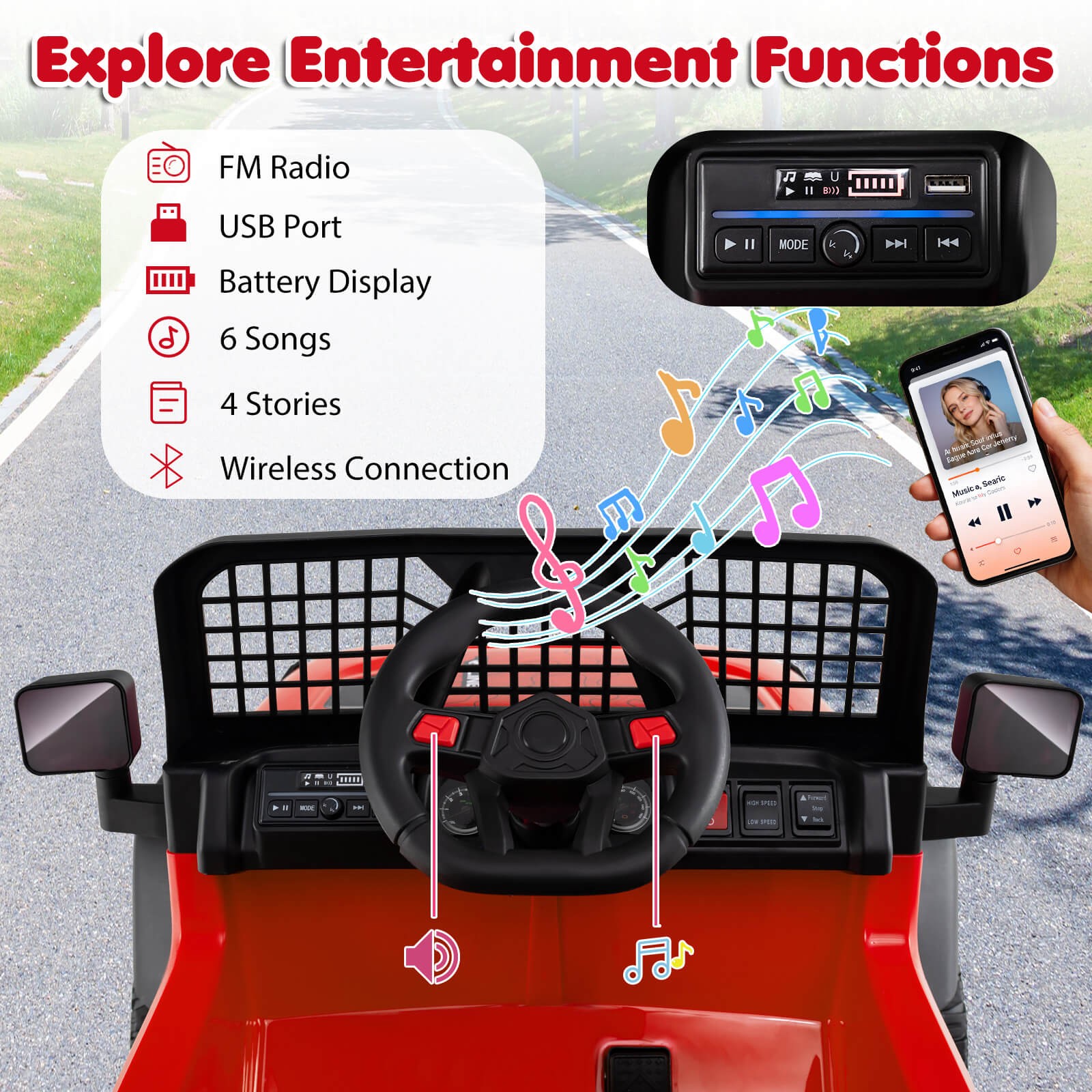 24V Ride On Car w/Remote Control Music LED Headlights Spring Suspension for Kids