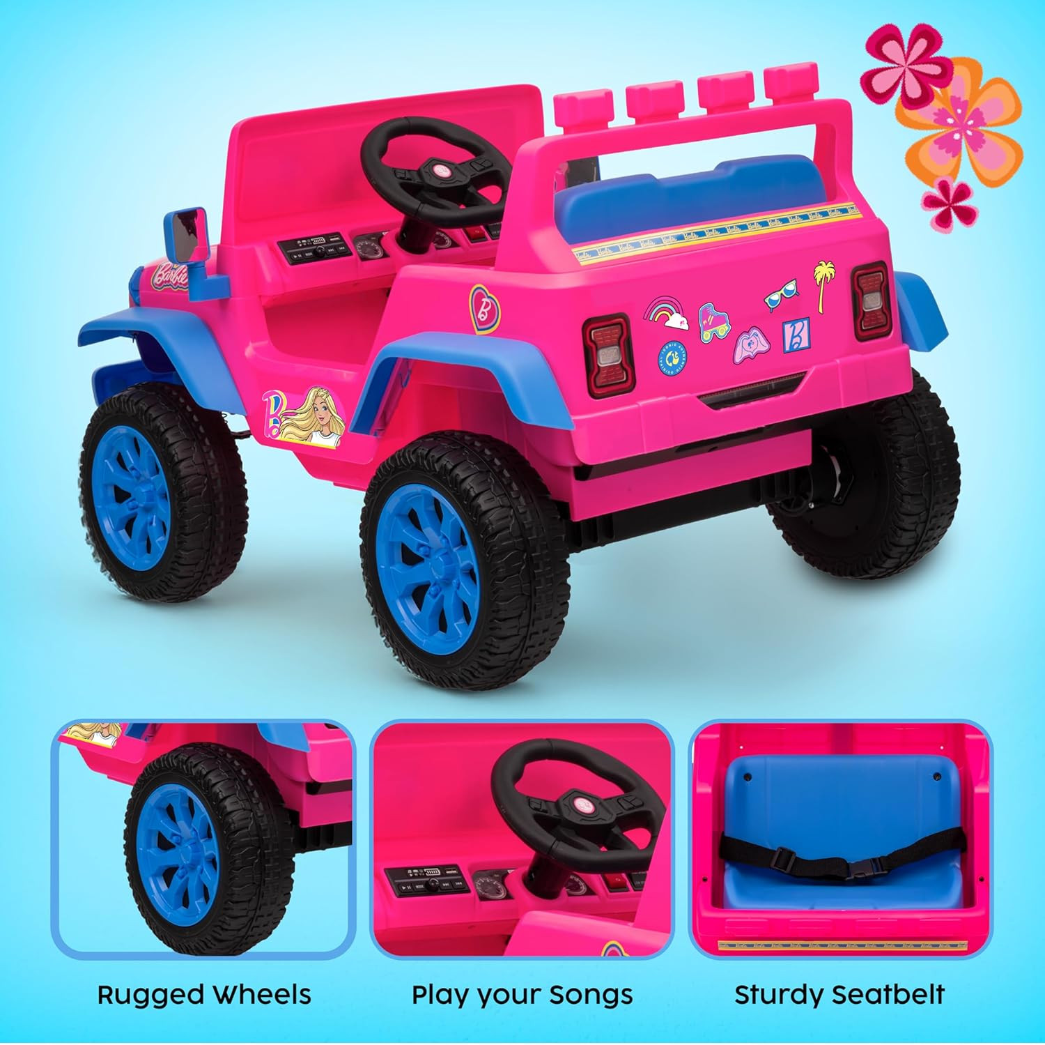 Barbie – 12V Kids Ride-On with Rechargeable Battery, LED Headlights, Press-Butto