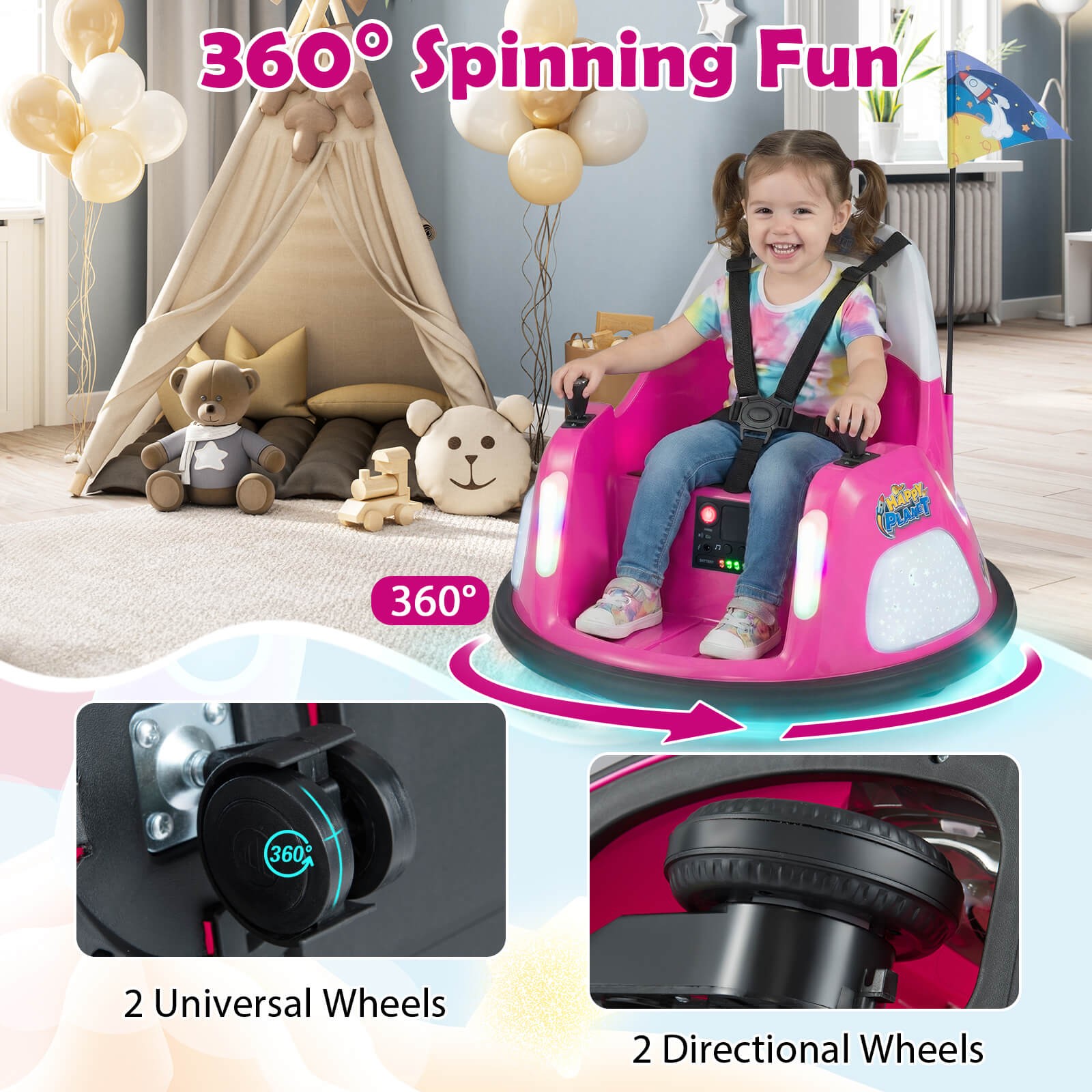 12V Kids Bumper Car360° Spin & Remote.Battery-Poweredfor 1.5-6 ages.Pink
