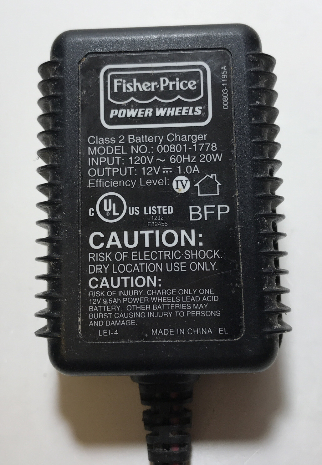 OEM Power Wheels Fisher Price 12V Volt Cord Battery Charger 00801-1778 Genuine
