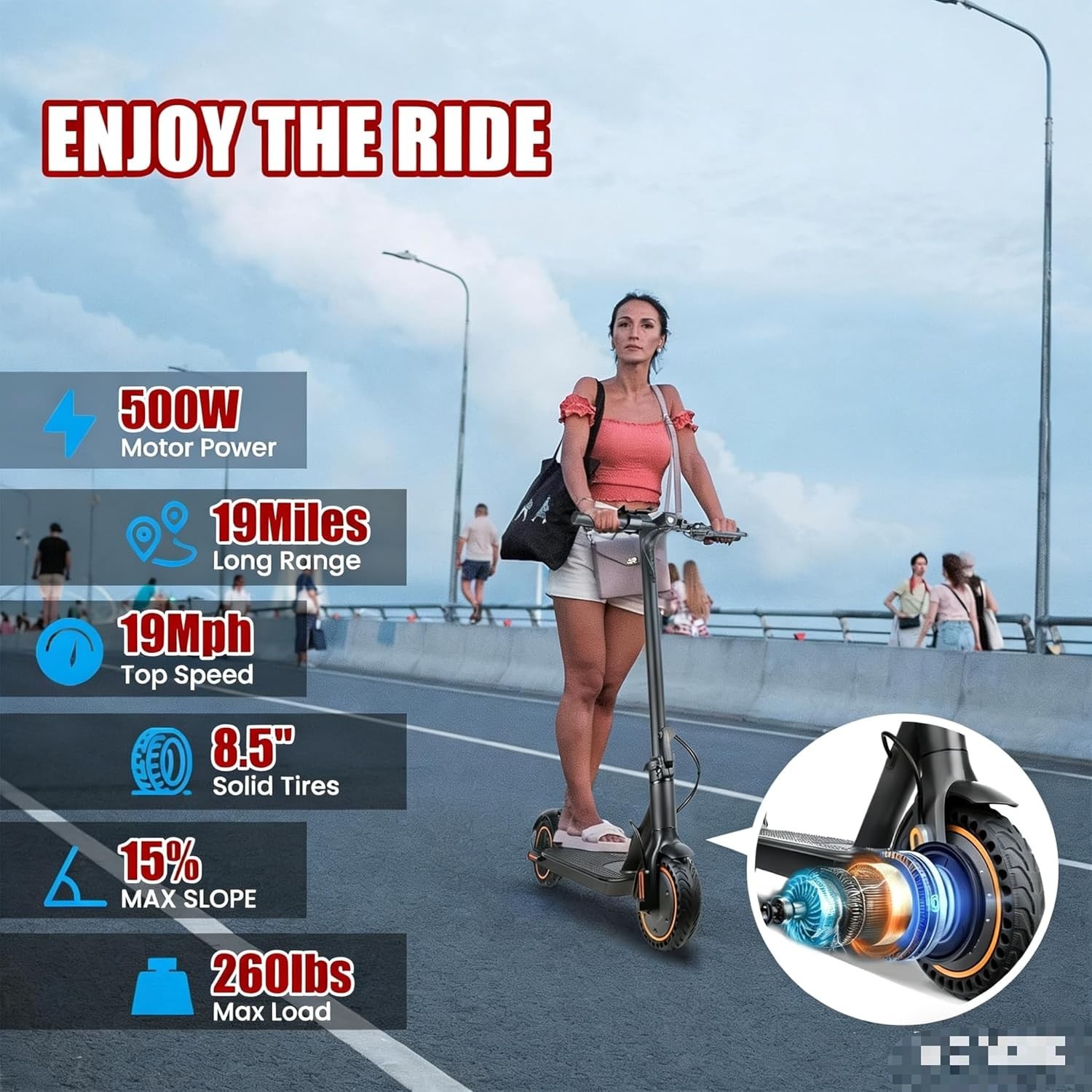 Electric Scooter for Adults, 8.5″ Solid Tires, 350/500W Motor, 16/19MPH Max Spee