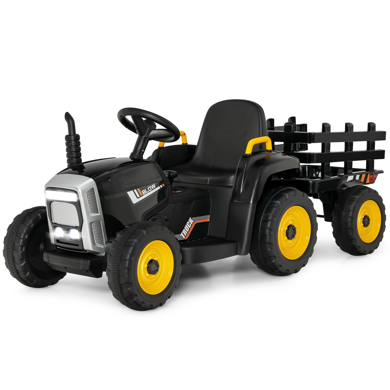 12V Kids Ride On Tractor with Trailer Ground Loader w/ RC & Lights Dark Black