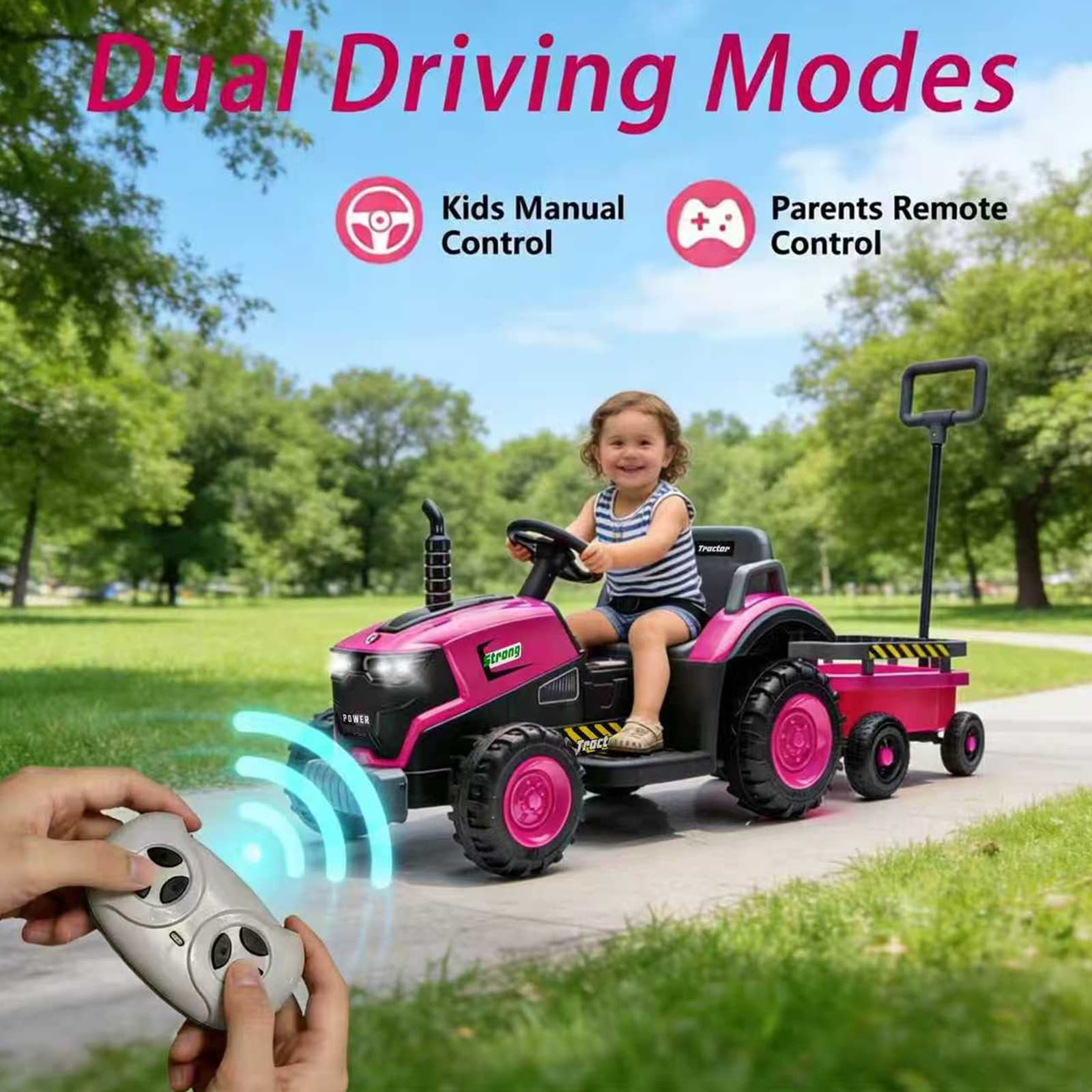 Kids Electric Farm Tractor Ride On Car 12V with Trailer Lights Music Age 3-6