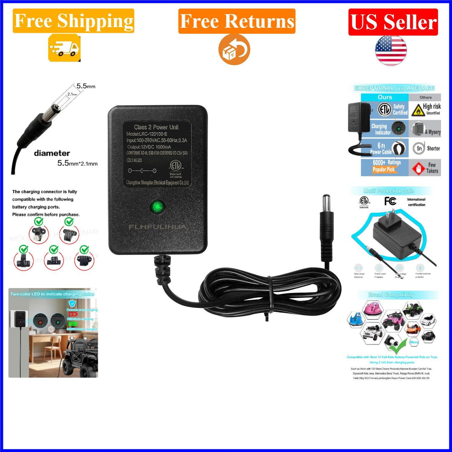 12V Kids Ride-On Battery Charger for Toys, Universal, Listed