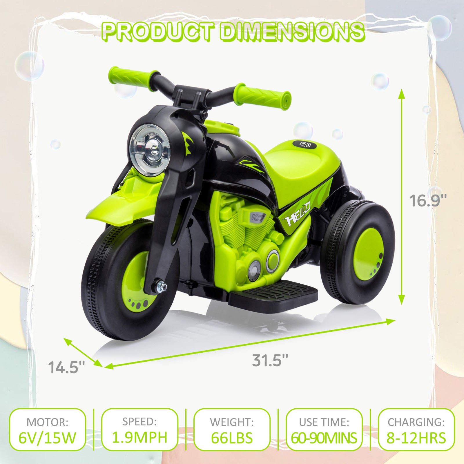 Garvee Kids 3 Wheels Motorbike 6V Ride on Bubble Car Electric Motorcycle Toys