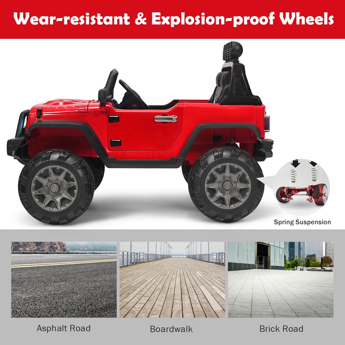 12V Kids Ride On Truck RC Car Spring Suspension w/ Light & Music Trunk Red