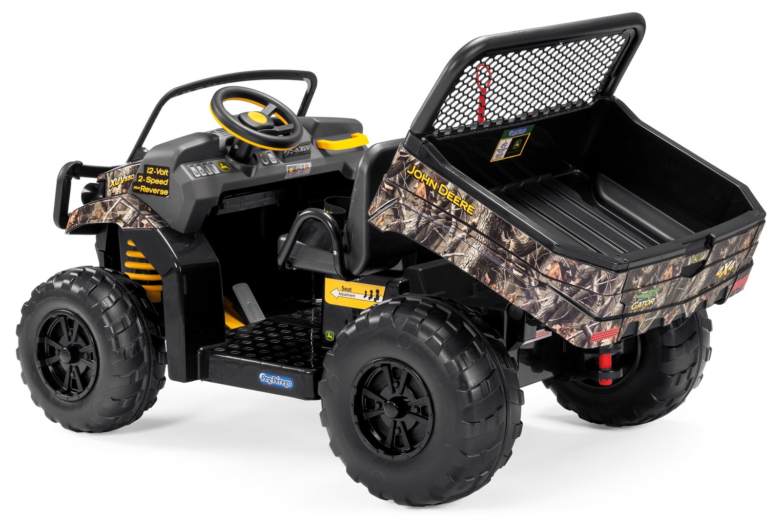 John Deere Camo Kids Ride-On Gator XUV Battery-Powered Dump Bed Tailgate 3-8 Yrs