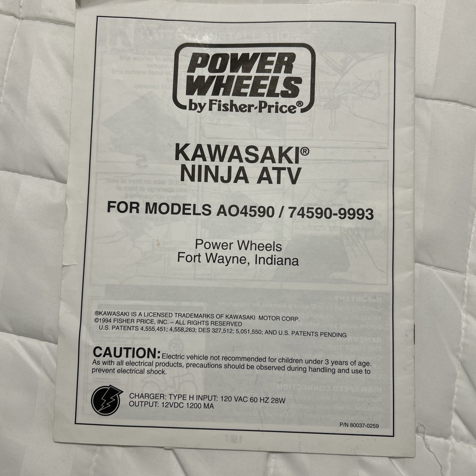 Power wheels by Fisher-Price Kawasaki ninja ATV assembly manual