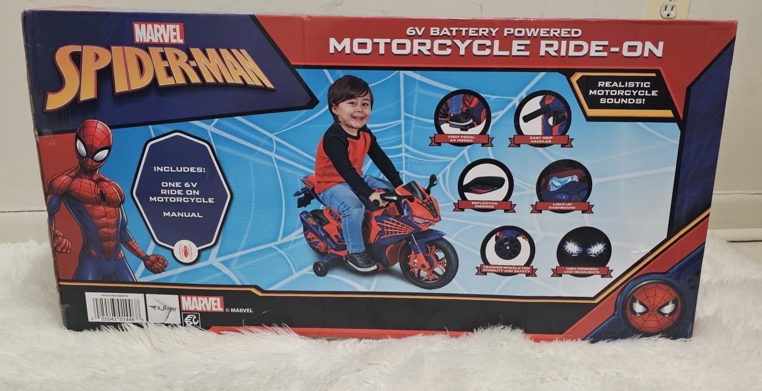 Kids Motorcycle Ride On Toy Spiderman Design Electric 6V Rechargeable Battery