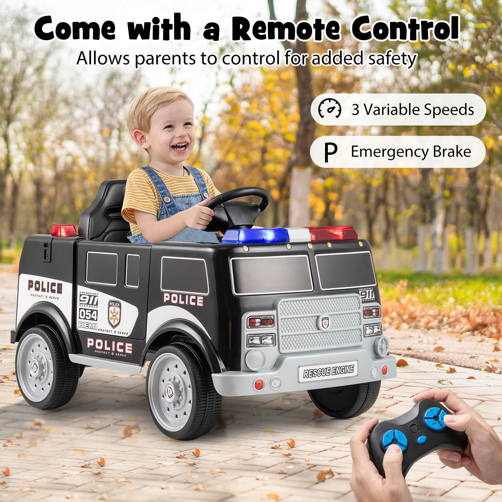 Kids Ride on Police Car with 3 Speeds Megaphone Music FM Radio Flashing Lights