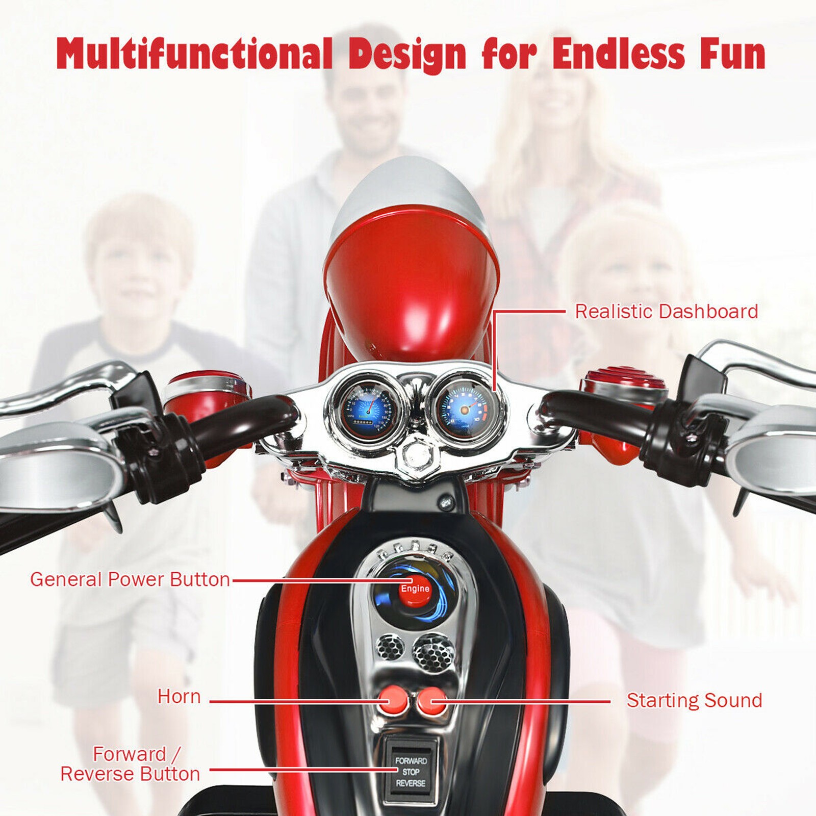 6V Kids Ride On Chopper Motorcycle 3 Wheel Trike with Headlight Red