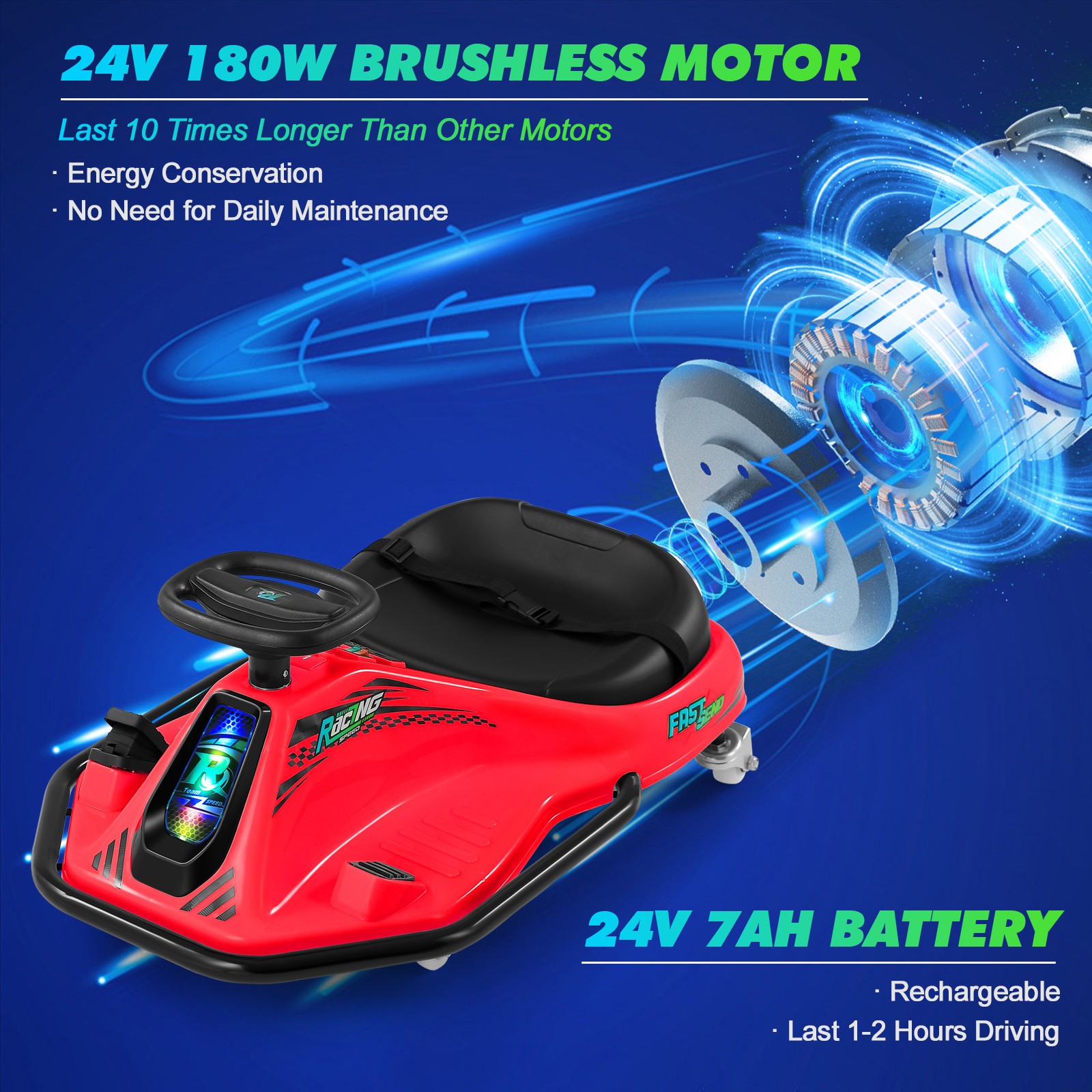 24V Kids Red Drifting Go Kart 360° Ride On Cart with Bluetooth