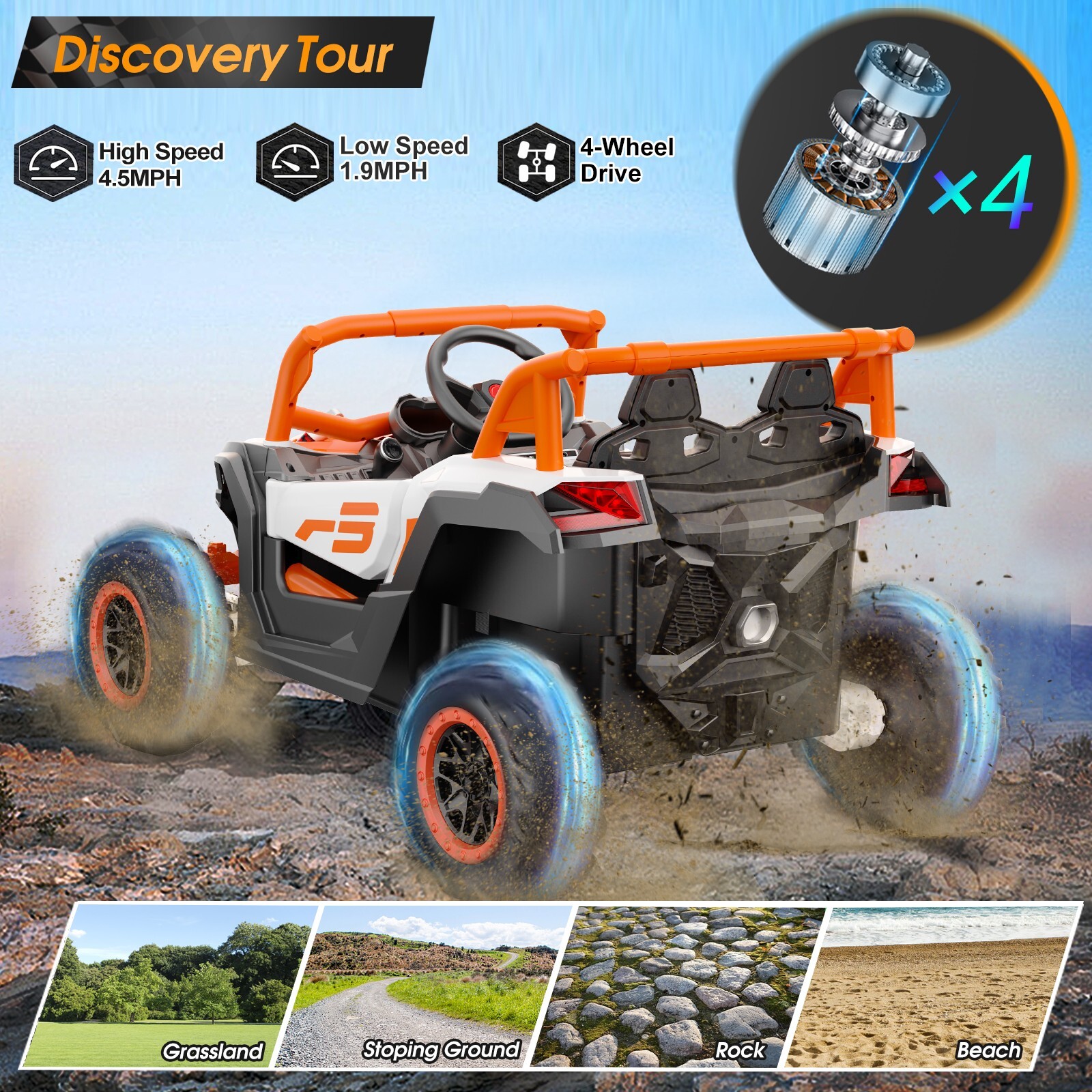 24V children’s ride with remote control, 2-seater toy UTV, Bluetooth, LED lights