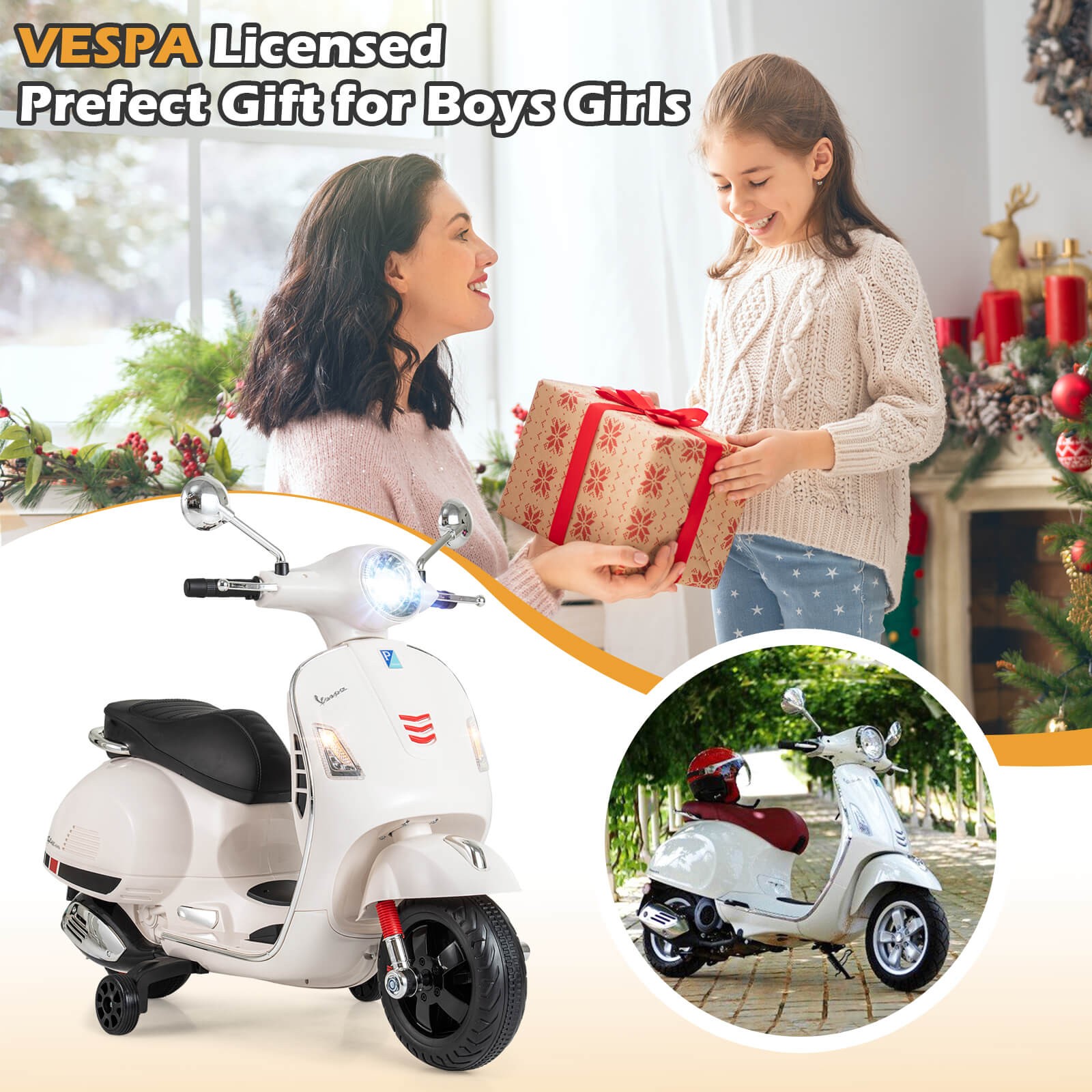 Licensed VESPA 12V Kids Electric Motorcycle w/Music Horn Story Training Wheels