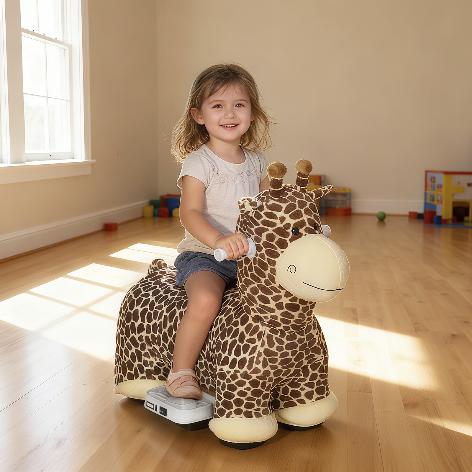 Qaba 6V Kids Ride On Giraffe Battery Powered Toy Washable Plush Cover Brown