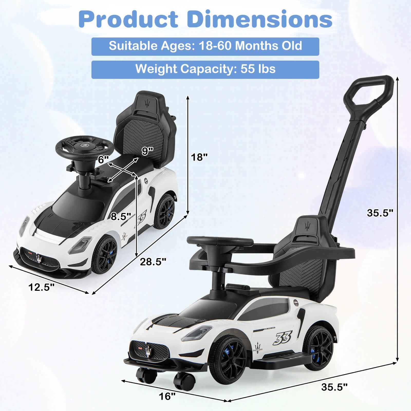 3-in-1 Ride on Push Car Maserati Licensed Foot to Floor Kids Sliding Walking Car