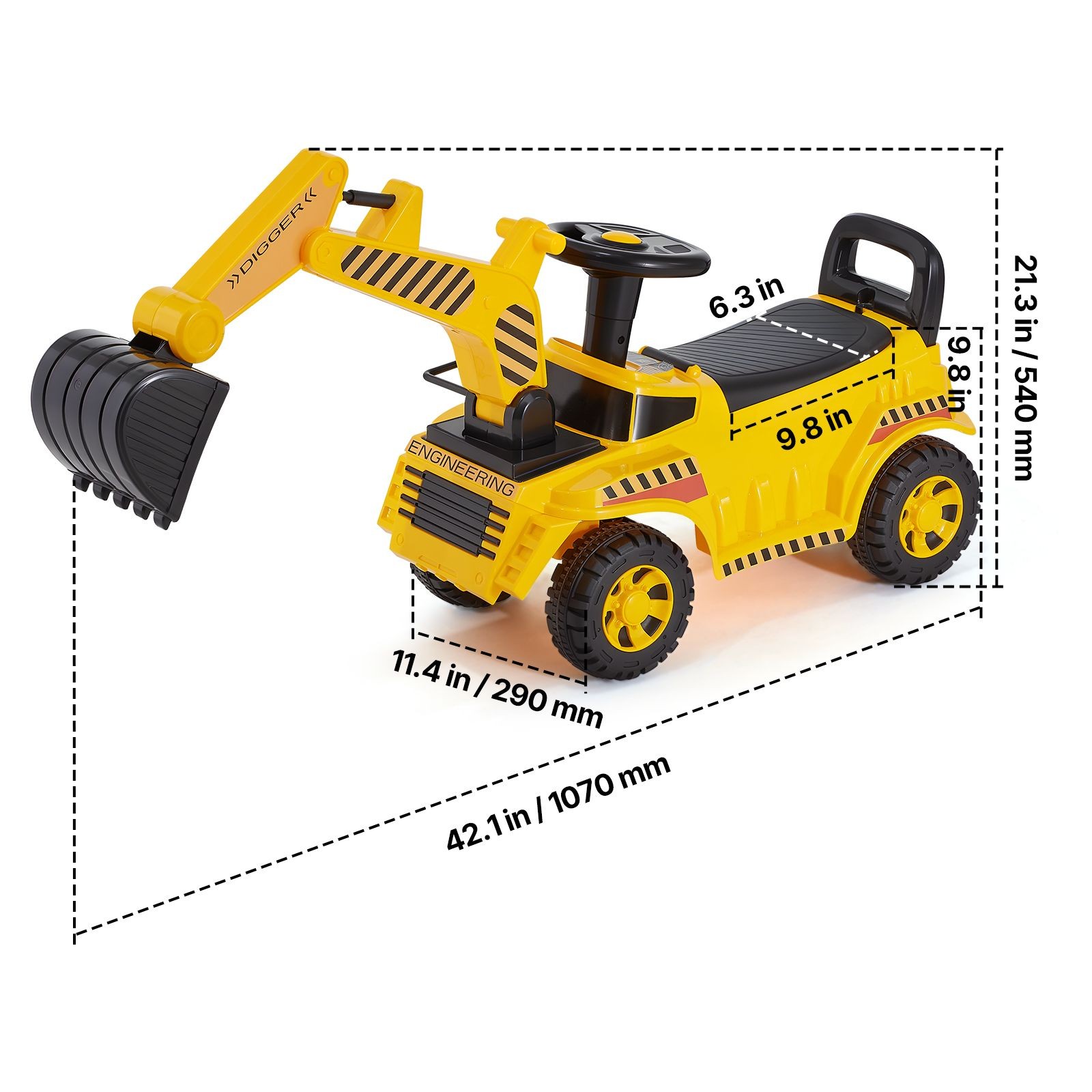 Toddler Ride On Excavator Digger Car with Helmet Music 55 lbs Capacity Yellow