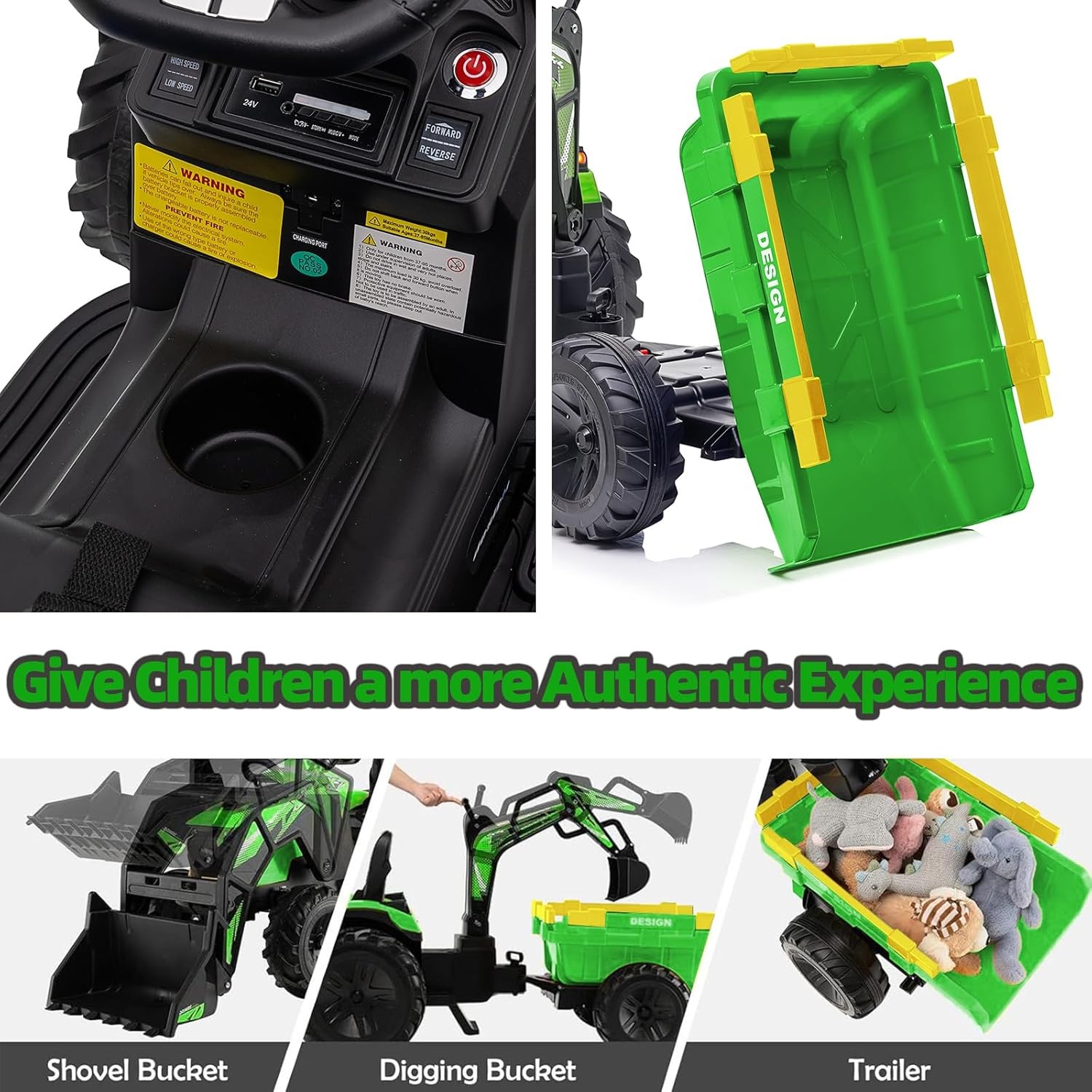 3in1 Kids 24V Ride On Tractor Excavator Electric w/Trailer Digger Remote Control