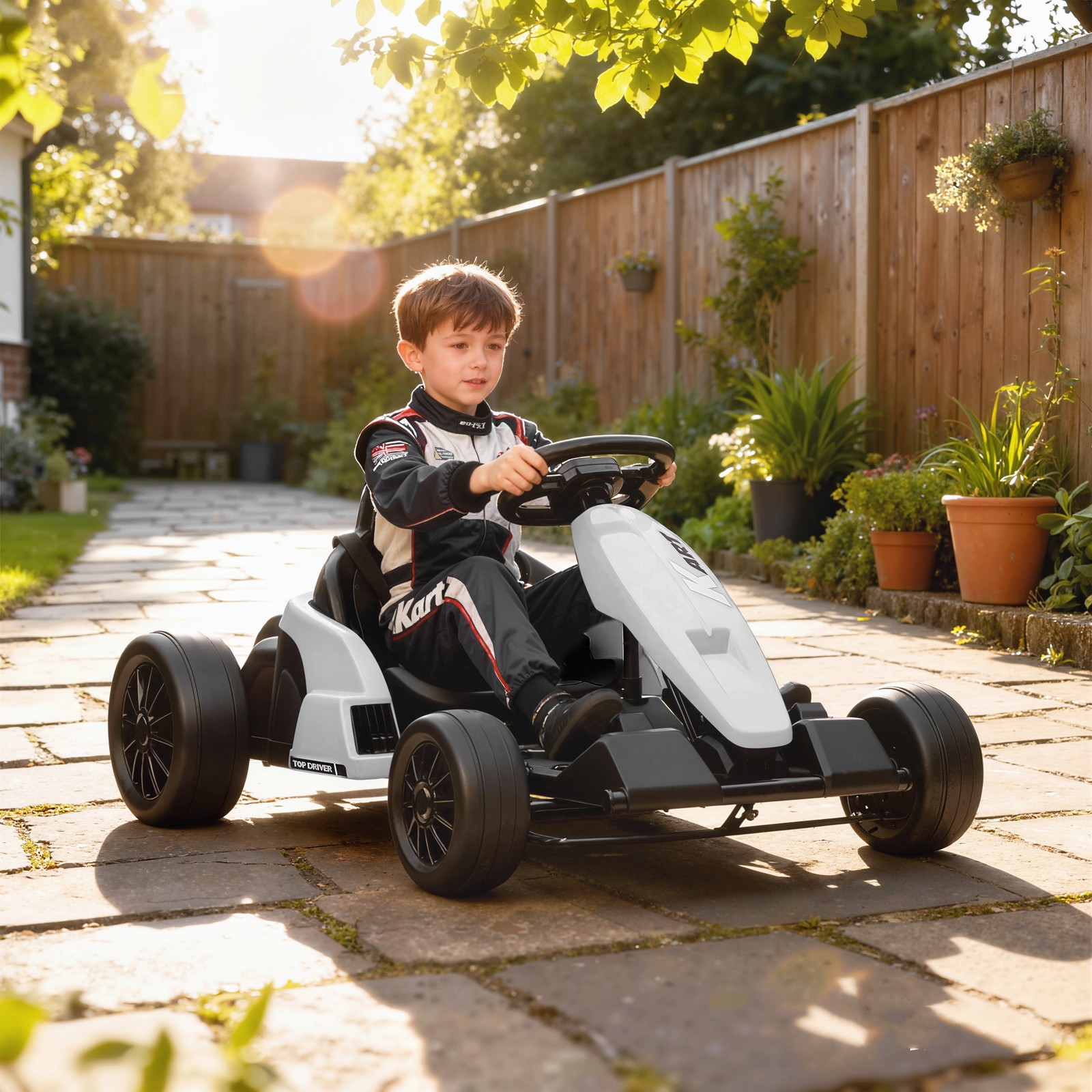 24V Electric Go Kart, Kids Drift Kart with Dual 150W Motors, White